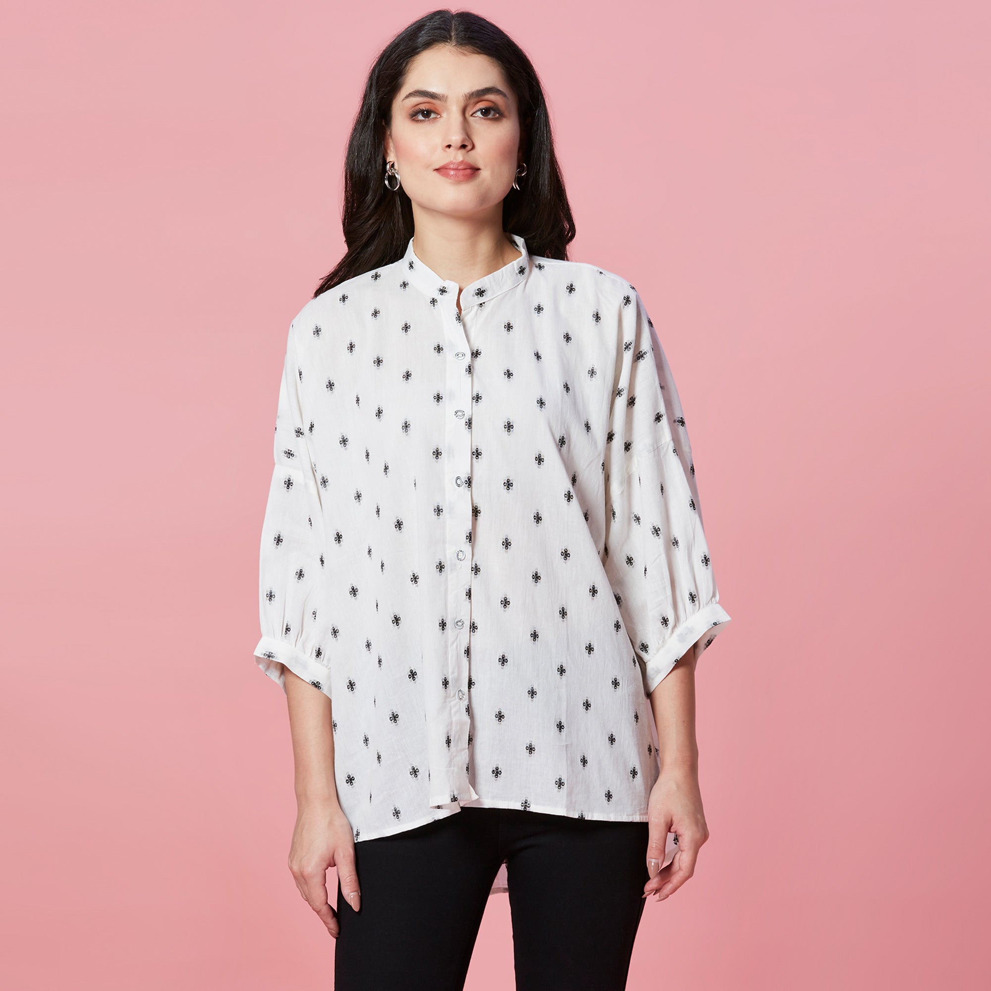 Peachmode White Jacquard Butti Woven Pure Cotton Kimono Top