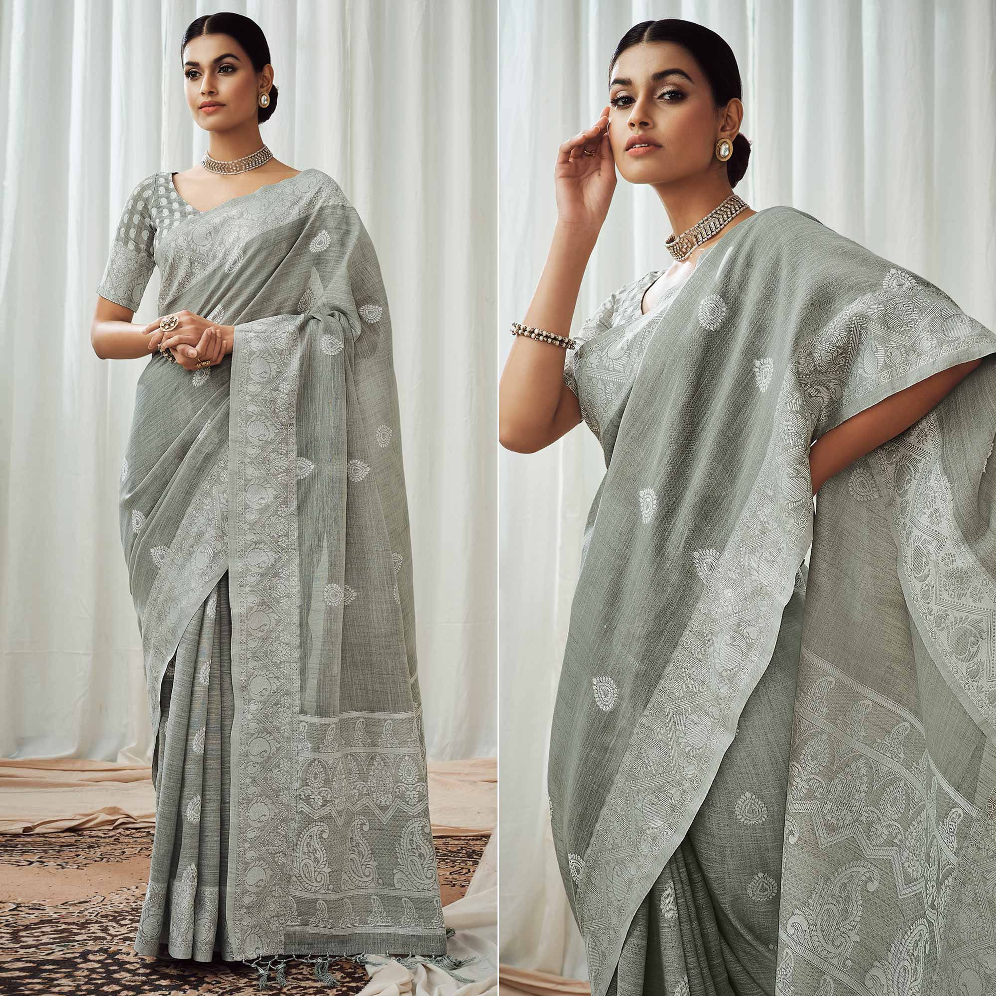 Peachmode Grey Woven Linen Saree – Women's
