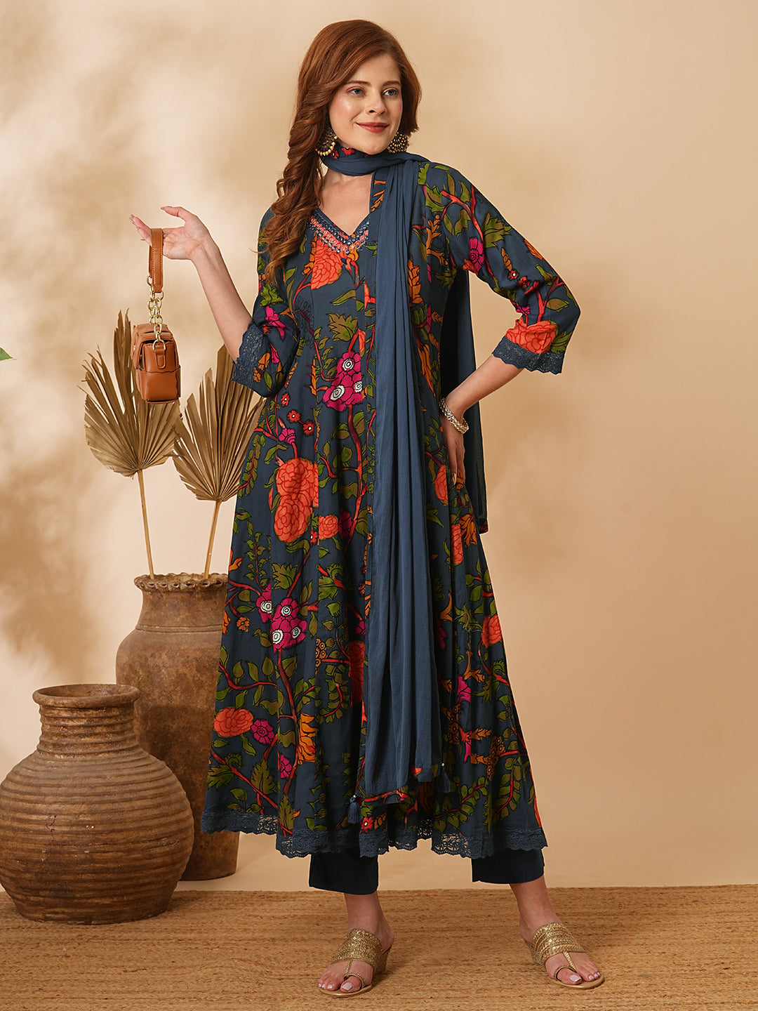 Fashor Floral Printed Mirror Embroidered Anarkali with Pant & Dupatta - Sea Green