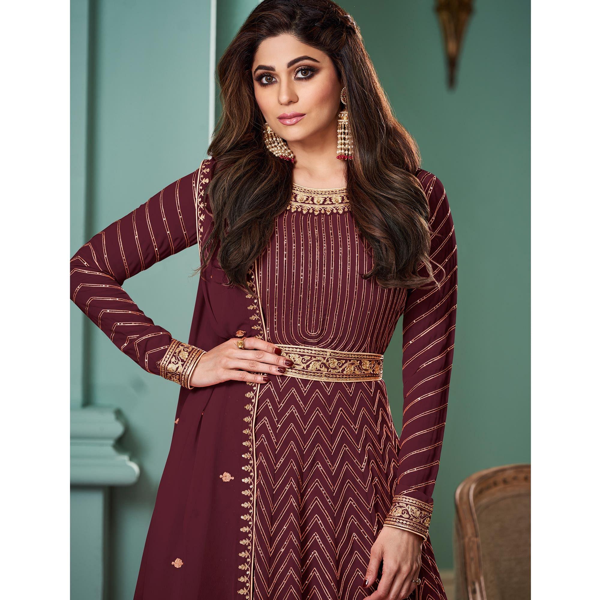 Peachmode Seller Maroon Partywear Sequins Embroidered Georgette Gown - view 2
