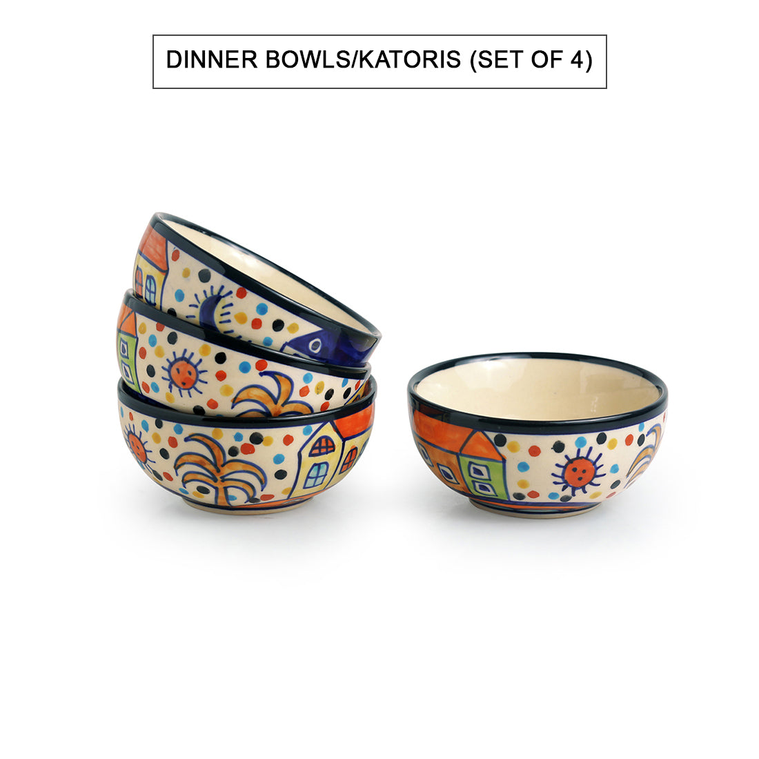 EXCLUSIVELANE 'Hut Dining' Handpainted Ceramic Dinner Plates With Katoris (8 Pieces, Serving for 4) - view 4