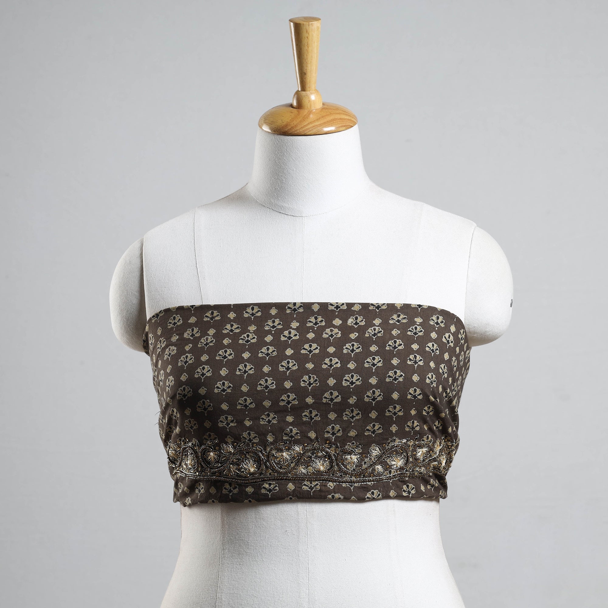 NOORI BAZAR Brown - Ajrakh Block Printed Thread & Bead Work Hand Embroidery Cotton Blouse Piece