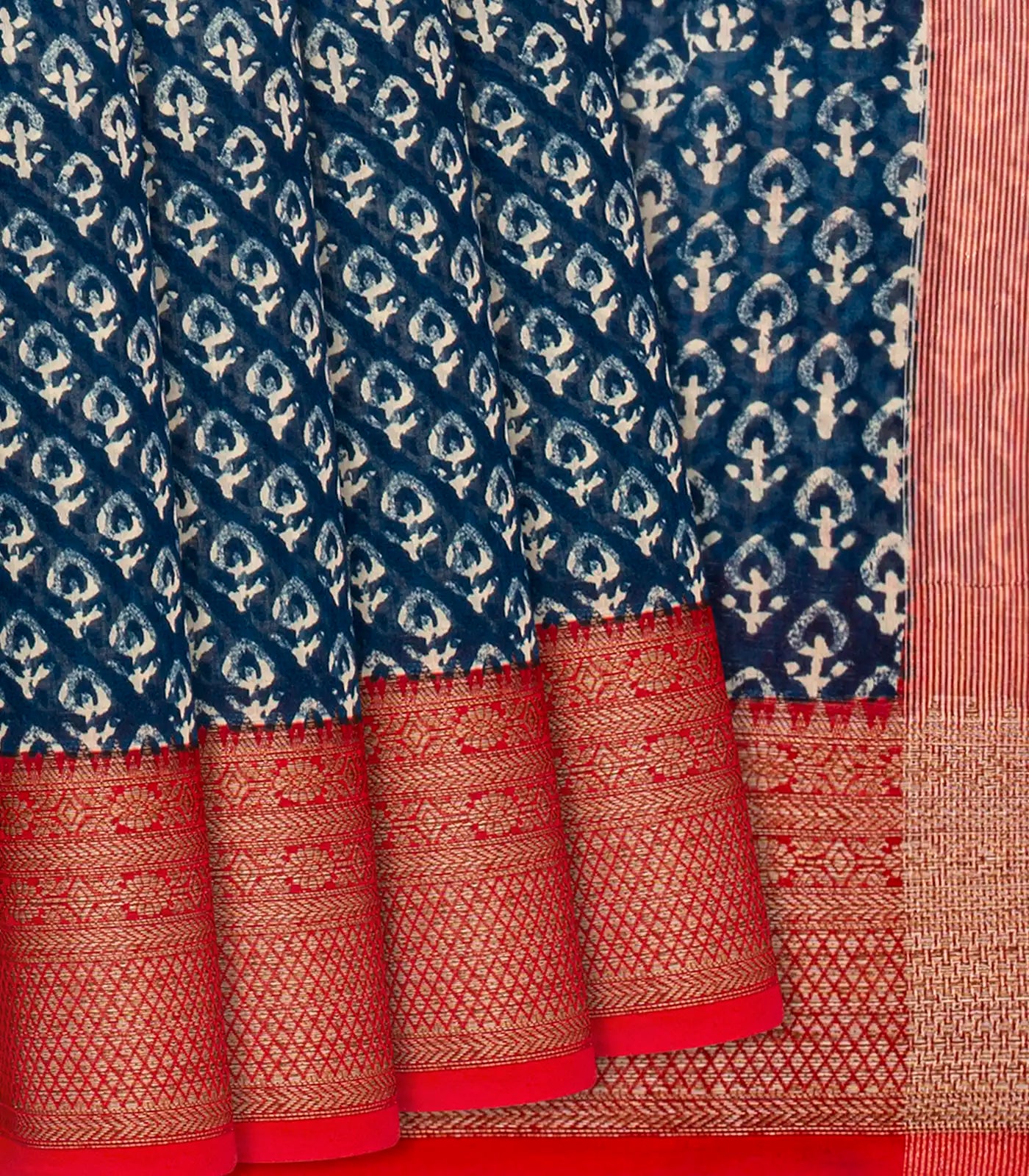 RmKV Indigo Chanderi Cotton Saree Printed With Floral Motifs-Ink Blue