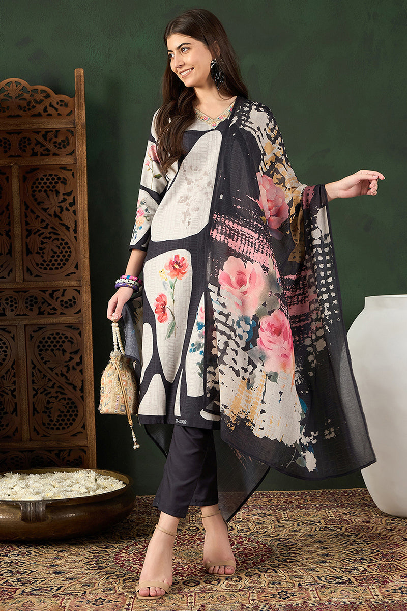 Ahika Black Rayon Blend Floral Printed Straight Trouser Bottom Suit Set PKSKD2539BLK