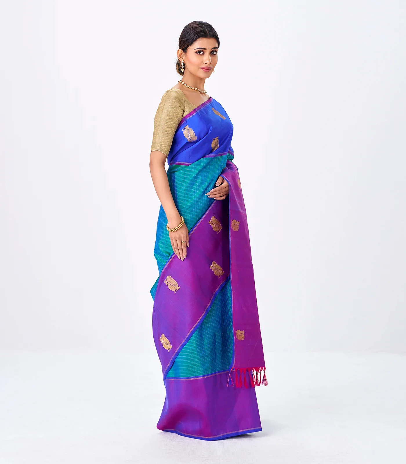 RmKV Cyan Handloom Kanchipuram Silk Saree With Zari Checks & Ganga Jamuna Border - view 4