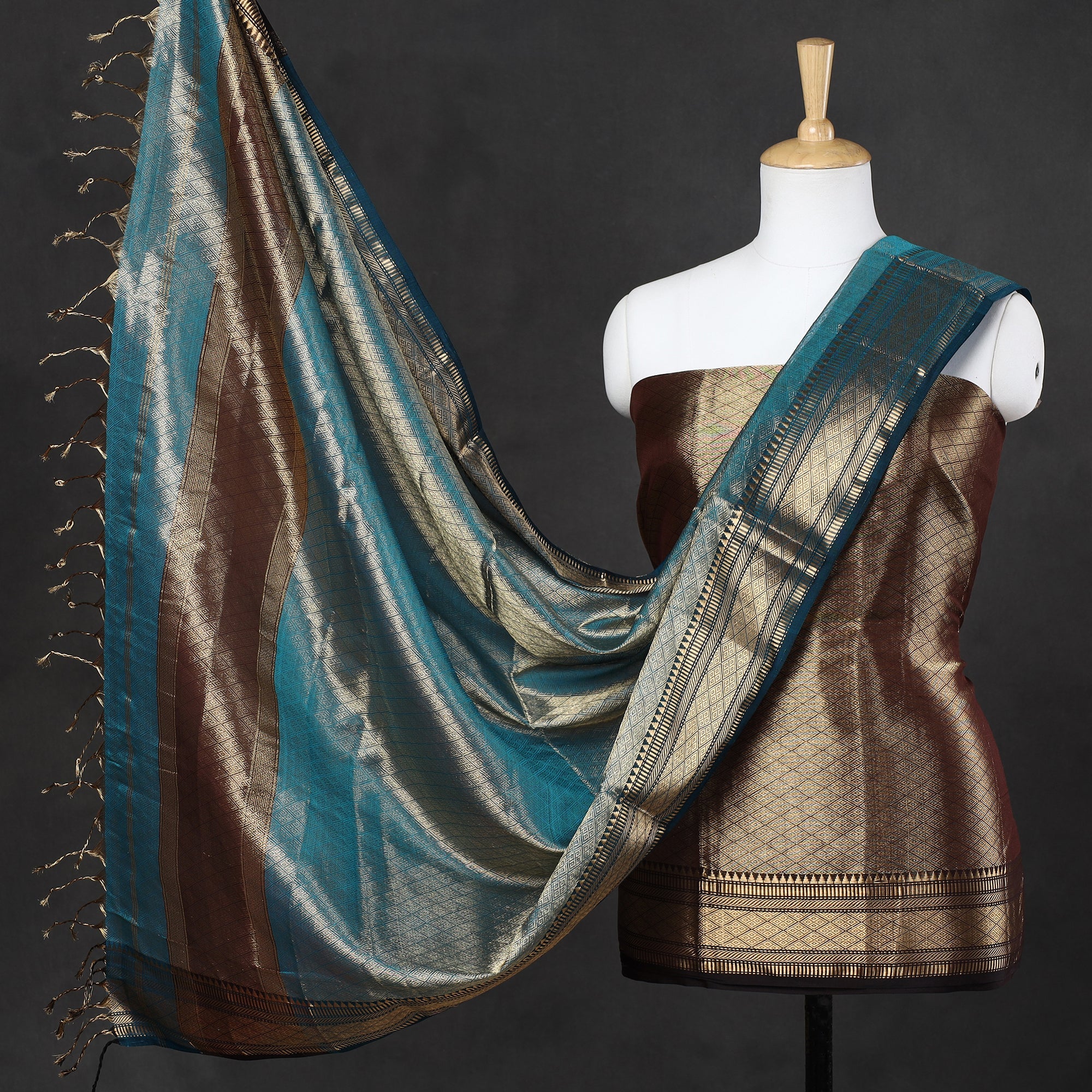 ITOKRI CRAFTS INITIATIVE Brown - 2pc Tissue Zari Handloom Cotton Maheshwari Dress Material