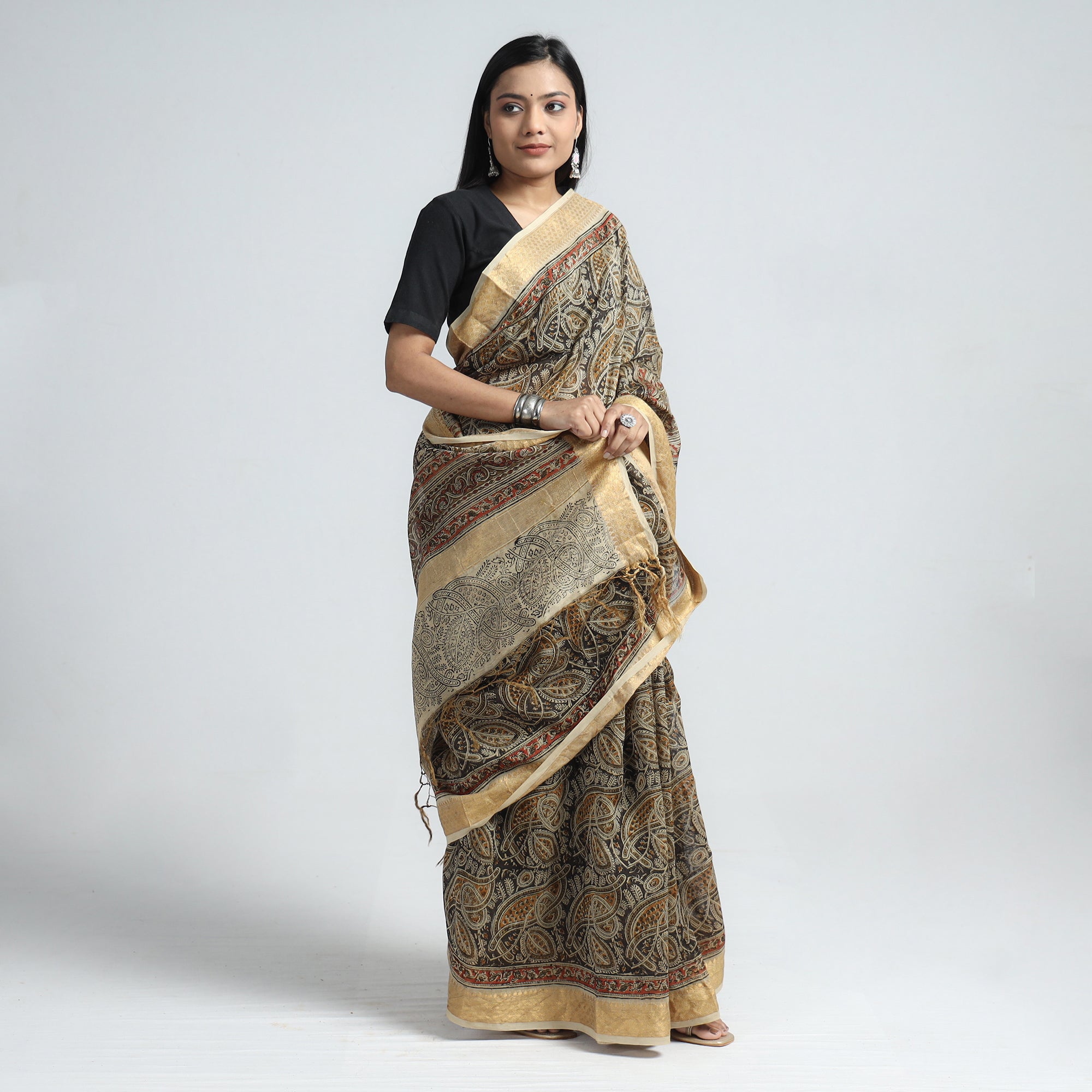 VENKATA BHANU KALAMKARI PEDANA Brown - Original Pedana Kalamkari Block Print Silk Saree - view 2