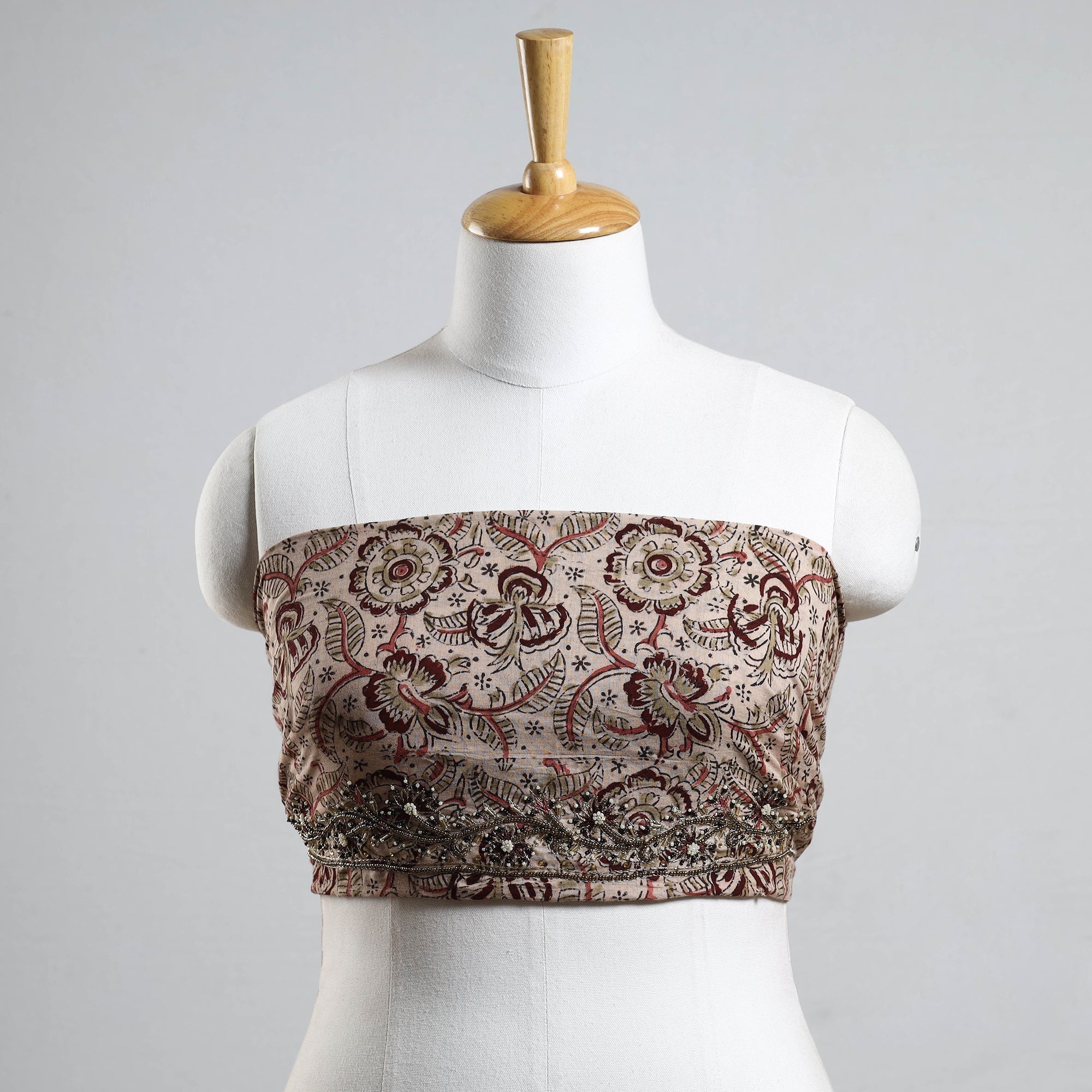 NOORI BAZAR Beige - Kalamkari Block Printed Thread & Bead Work Hand Embroidery Cotton Blouse Piece