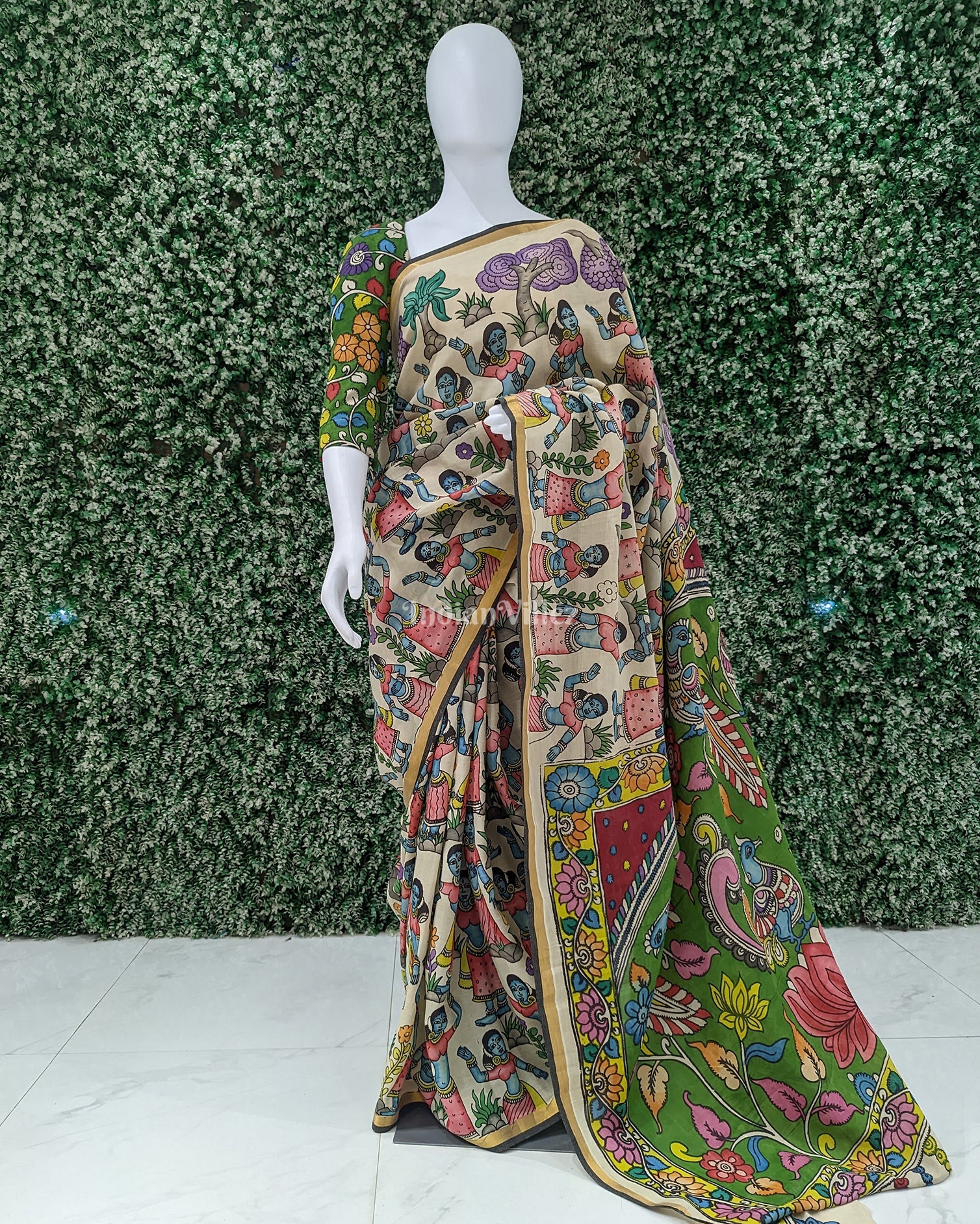 IndianVillèz Off White Hand-Painted Natural Dye Cotton Kalamkari Saree