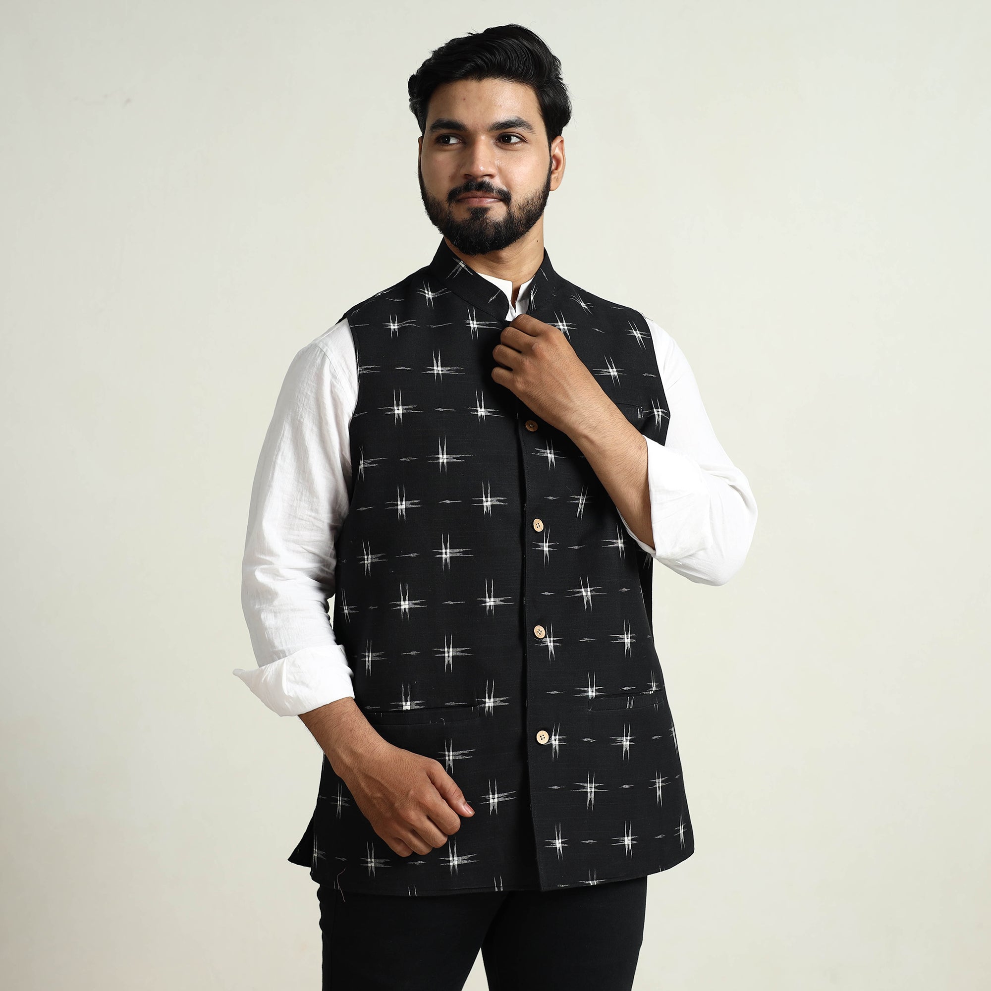 ITOKRI CASUALS Black - Pochampally Double Ikat Handloom Cotton Men Nehru Jacket 04 - view 3