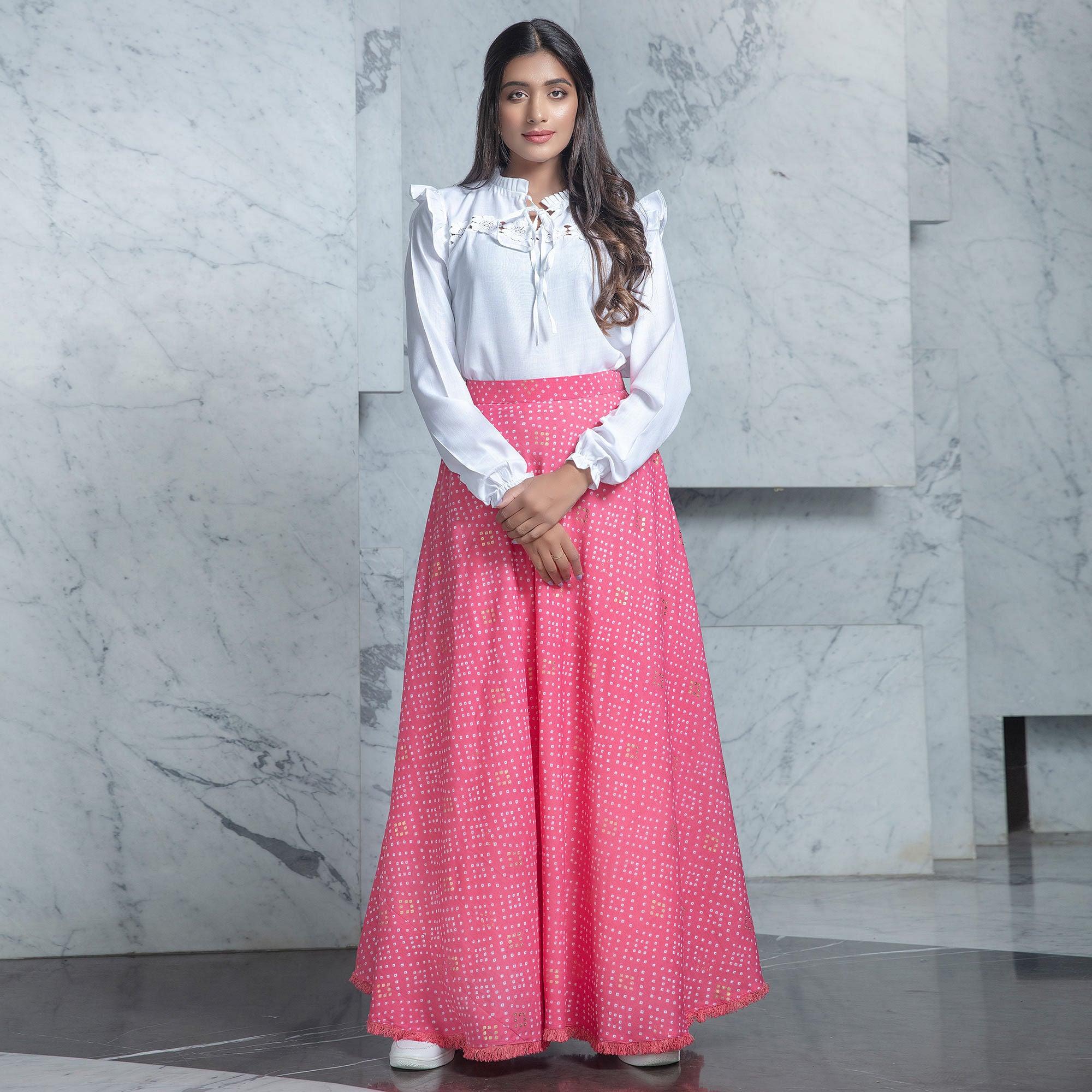 Peachmode Seller Breathtaking White - Pink Colored Partywear Printed Cotton Top-Skirt Set