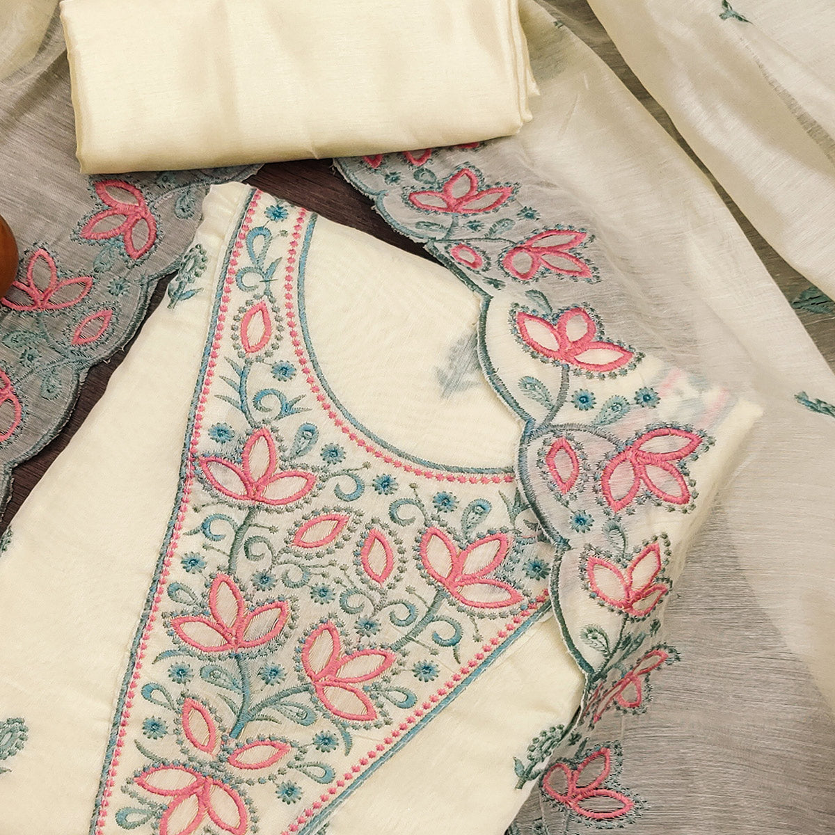 Peachmode Cream Floral Embroidered Chanderi Dress Material - view 2