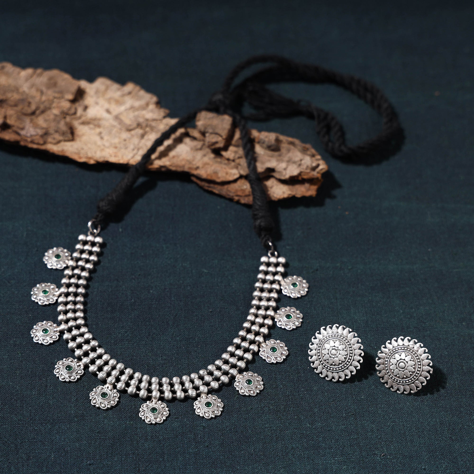 WHITE RIVER STORIES Antique Silver Finish Oxidised Brass Base Choker Necklace Set - view 2