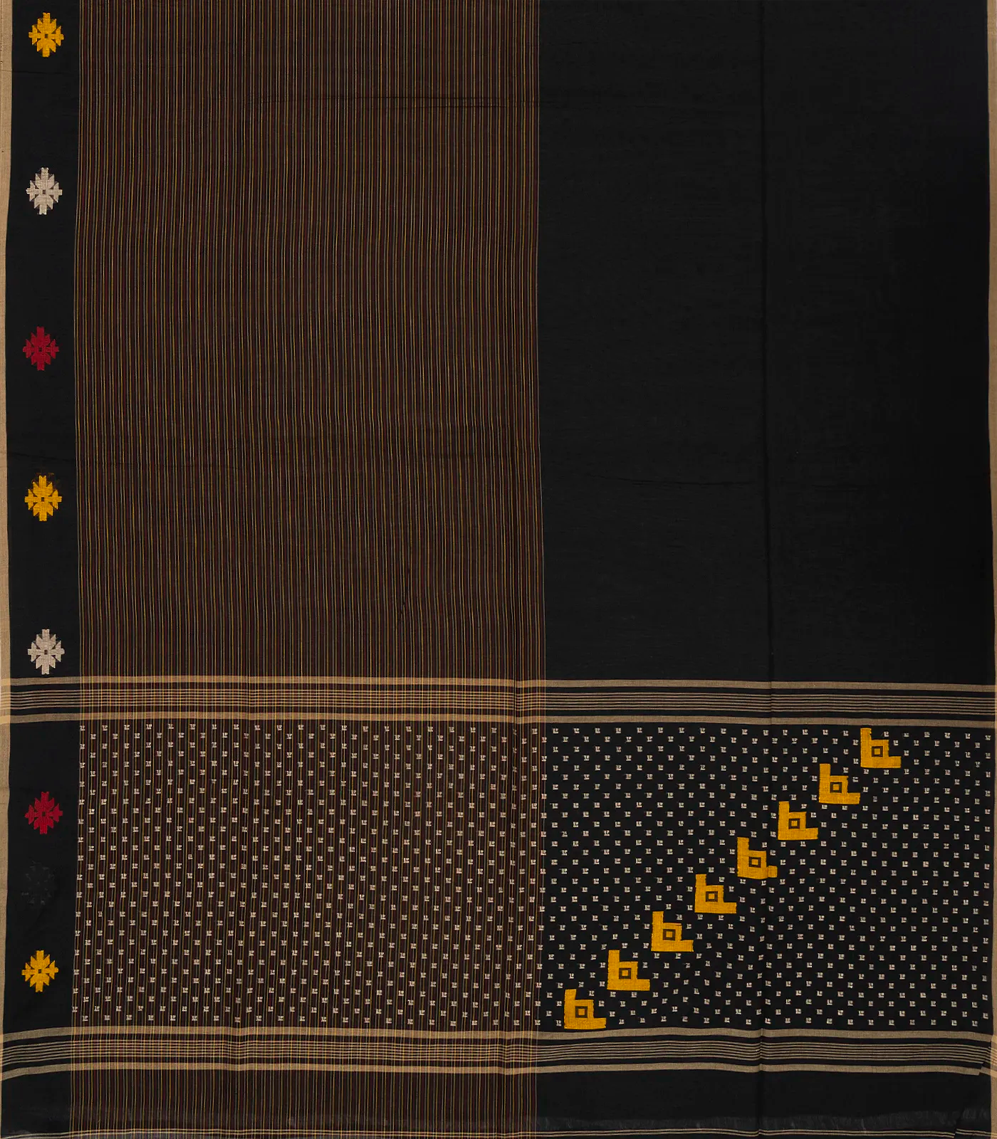 RmKV Black Handloom Bengal Cotton Saree With Stripes & Buttas in Border - view 2