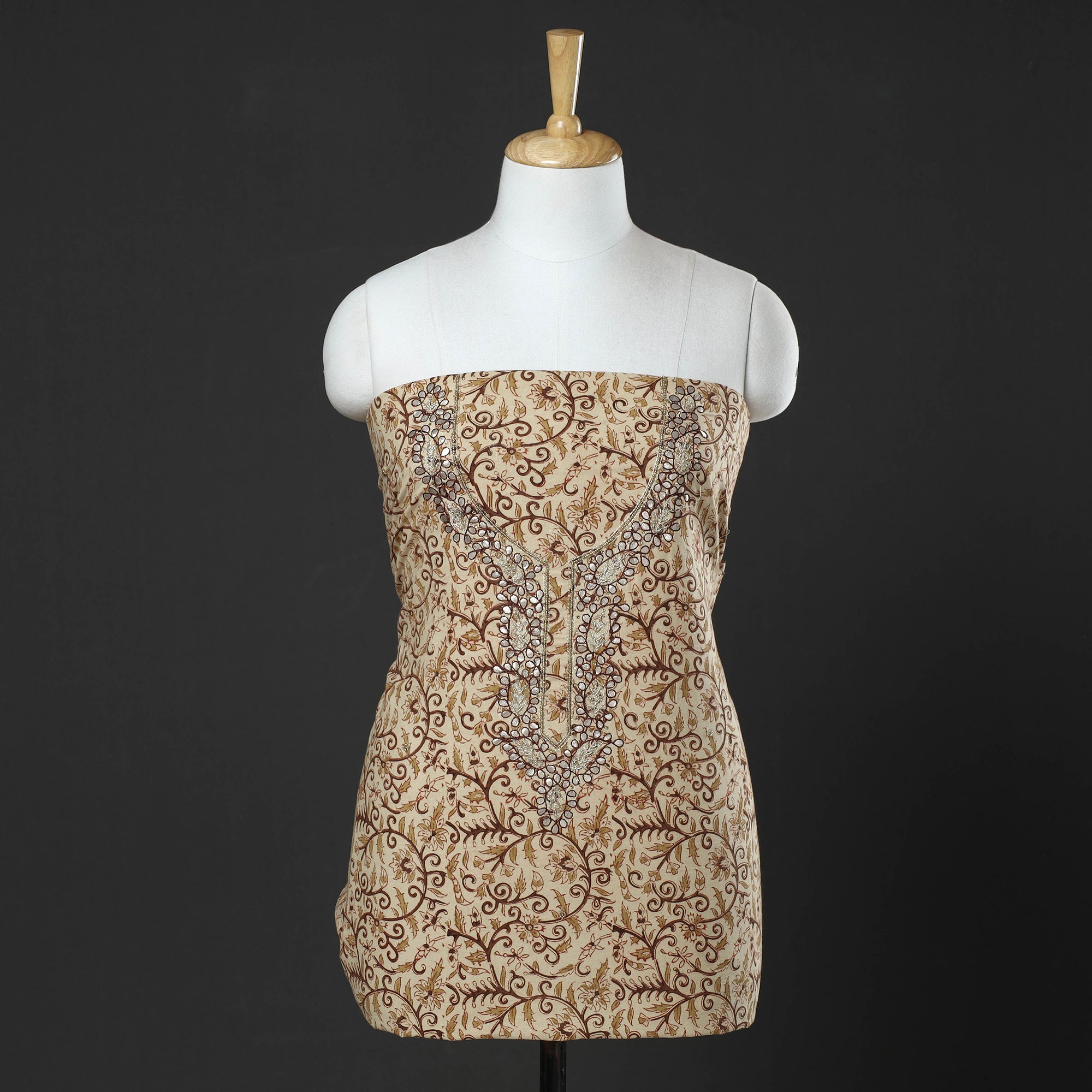 NOORI BAZAR Beige - Embroidered Cotton Kalamkari Print Kurta Material (2.55m)