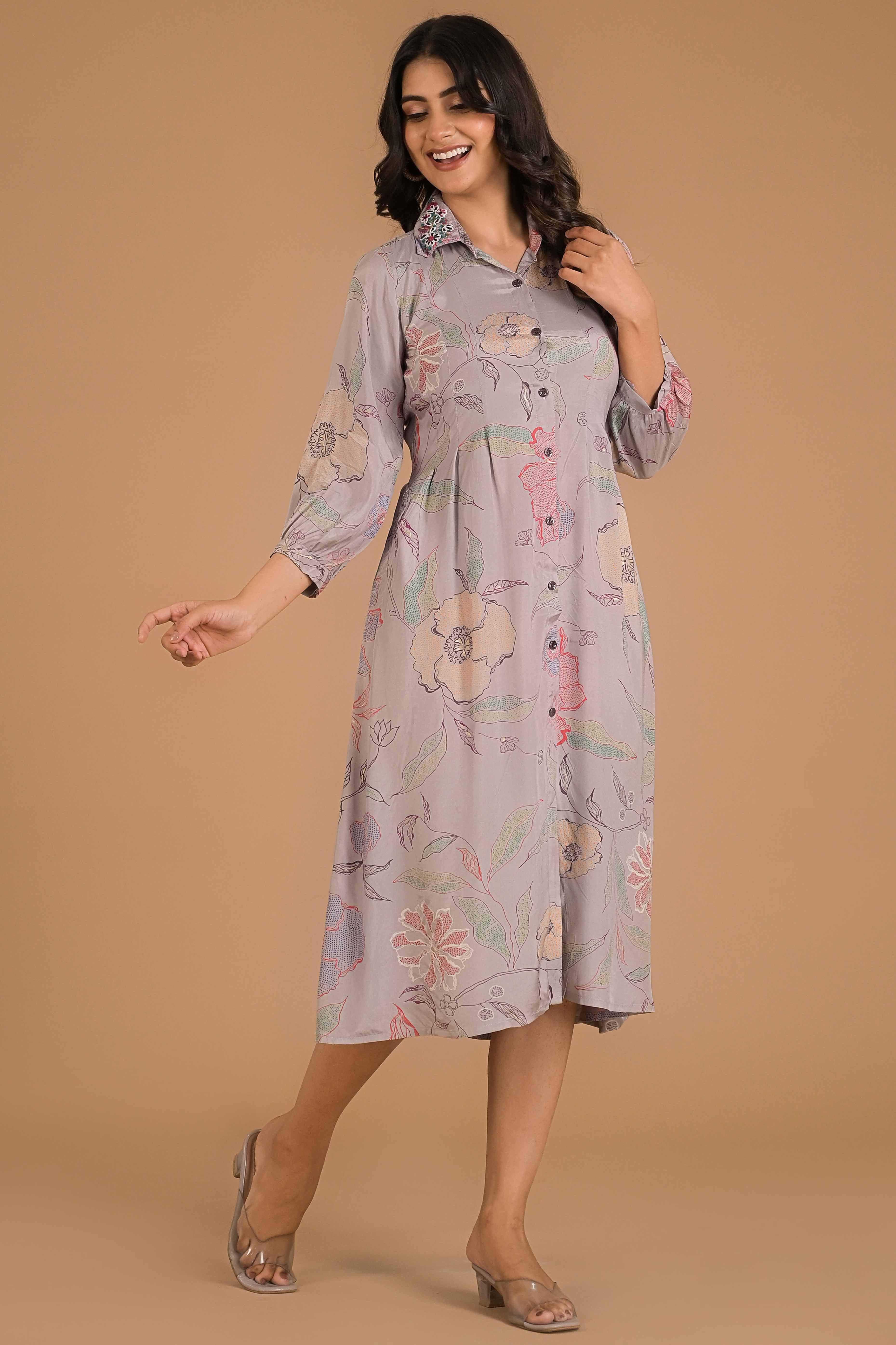 Peachmode Light Purple Floral Printed Muslin A-Line Dress