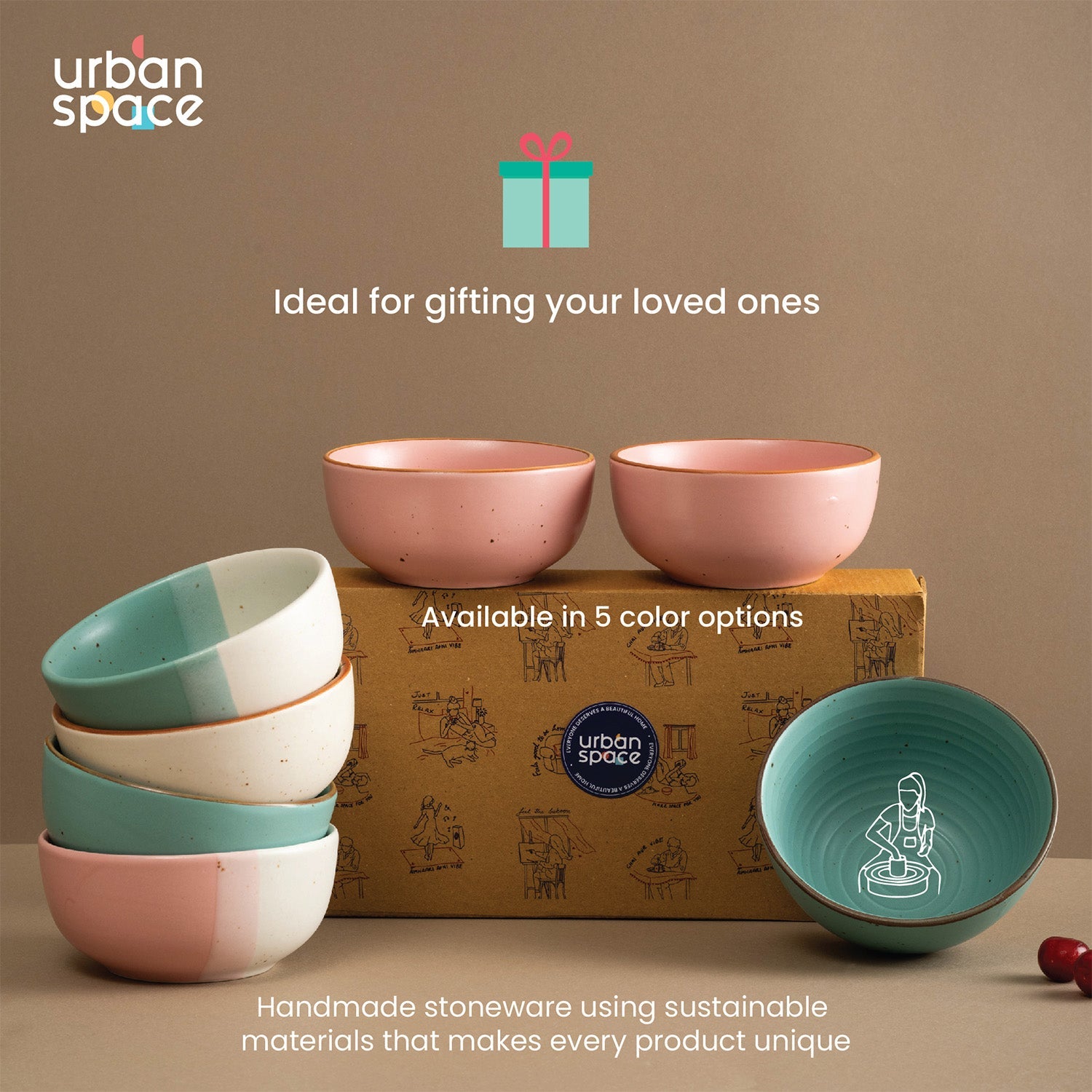 Urban Space Home Furnishing Handmade Ceramic Snack Bowls, Ramen Soup bowls, Serving Bowls, Set of 2, Pink Pearl - view 5