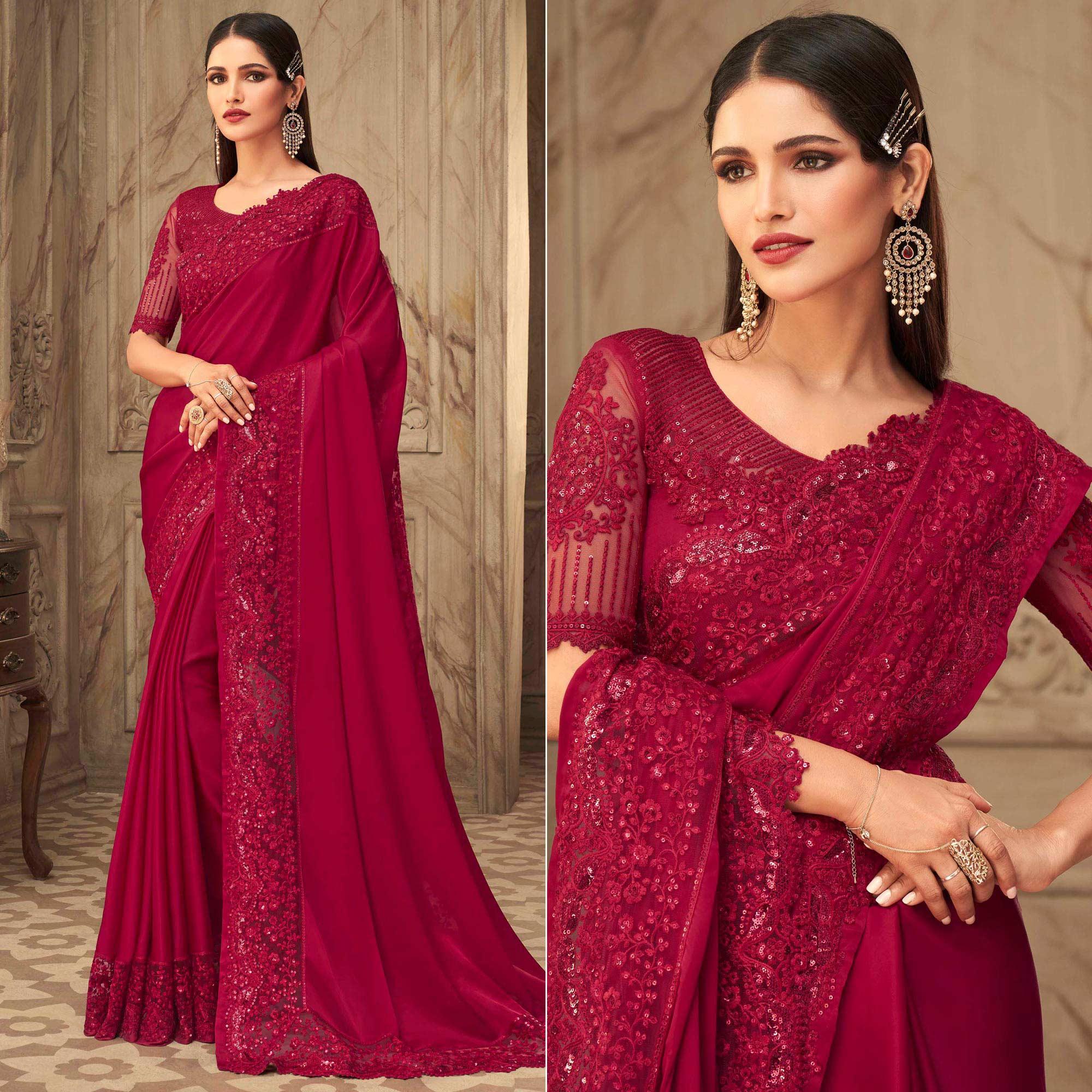 Peachmode Maroon Partywear Sequins Embroidered Silk Saree