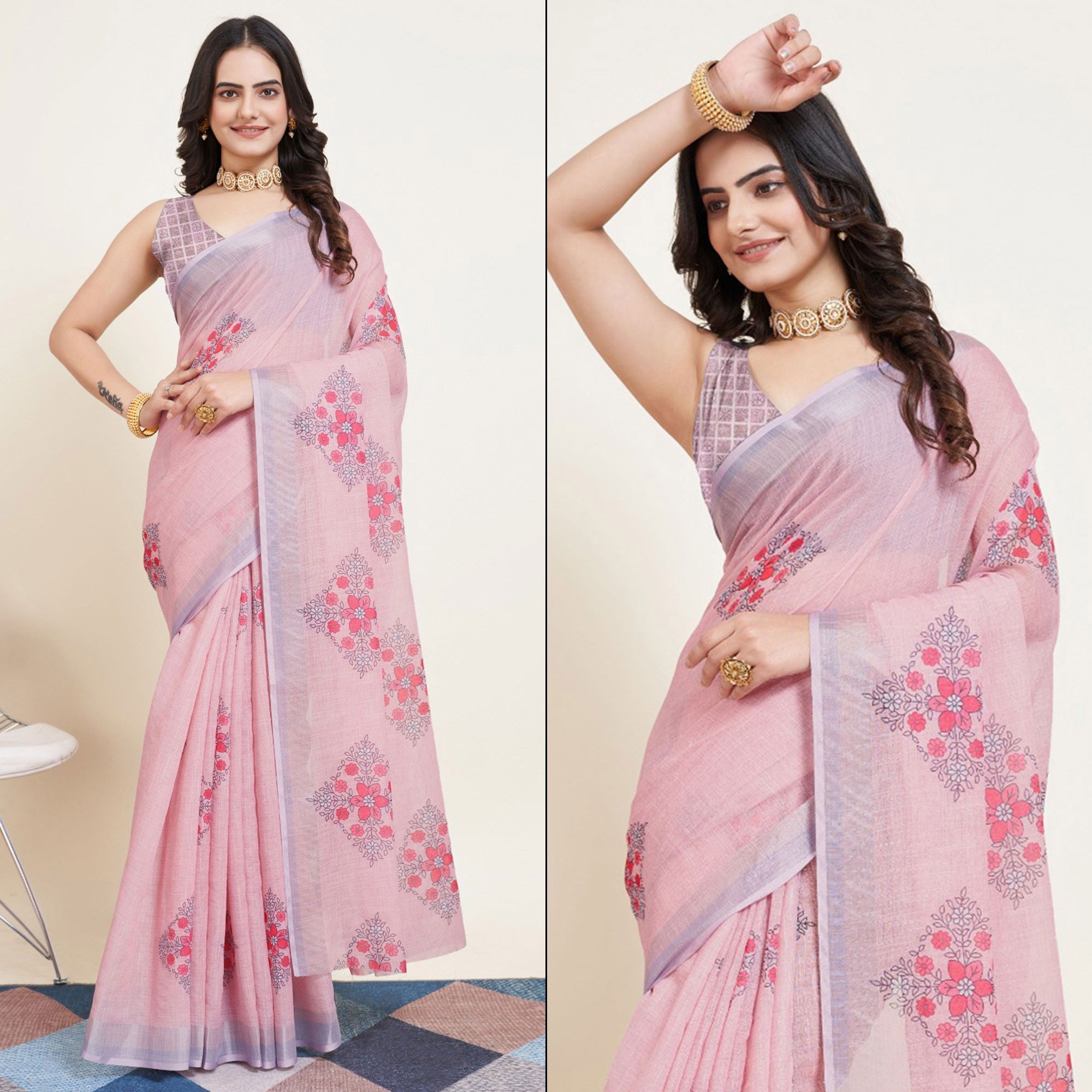 Peachmode Light Peach Floral Printed Linen Saree