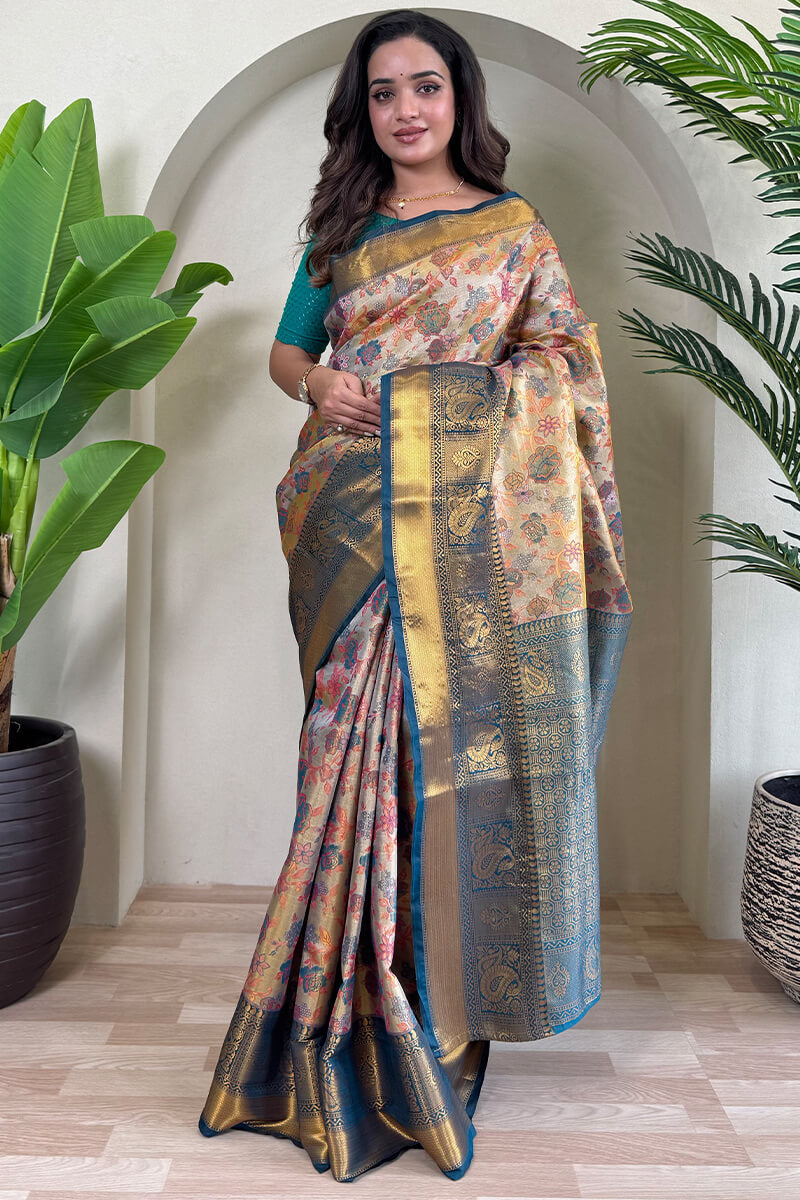 Tasrika Lassitude Beige and Rama Kanjivaram Silk Saree With Lustrous Blouse Piece