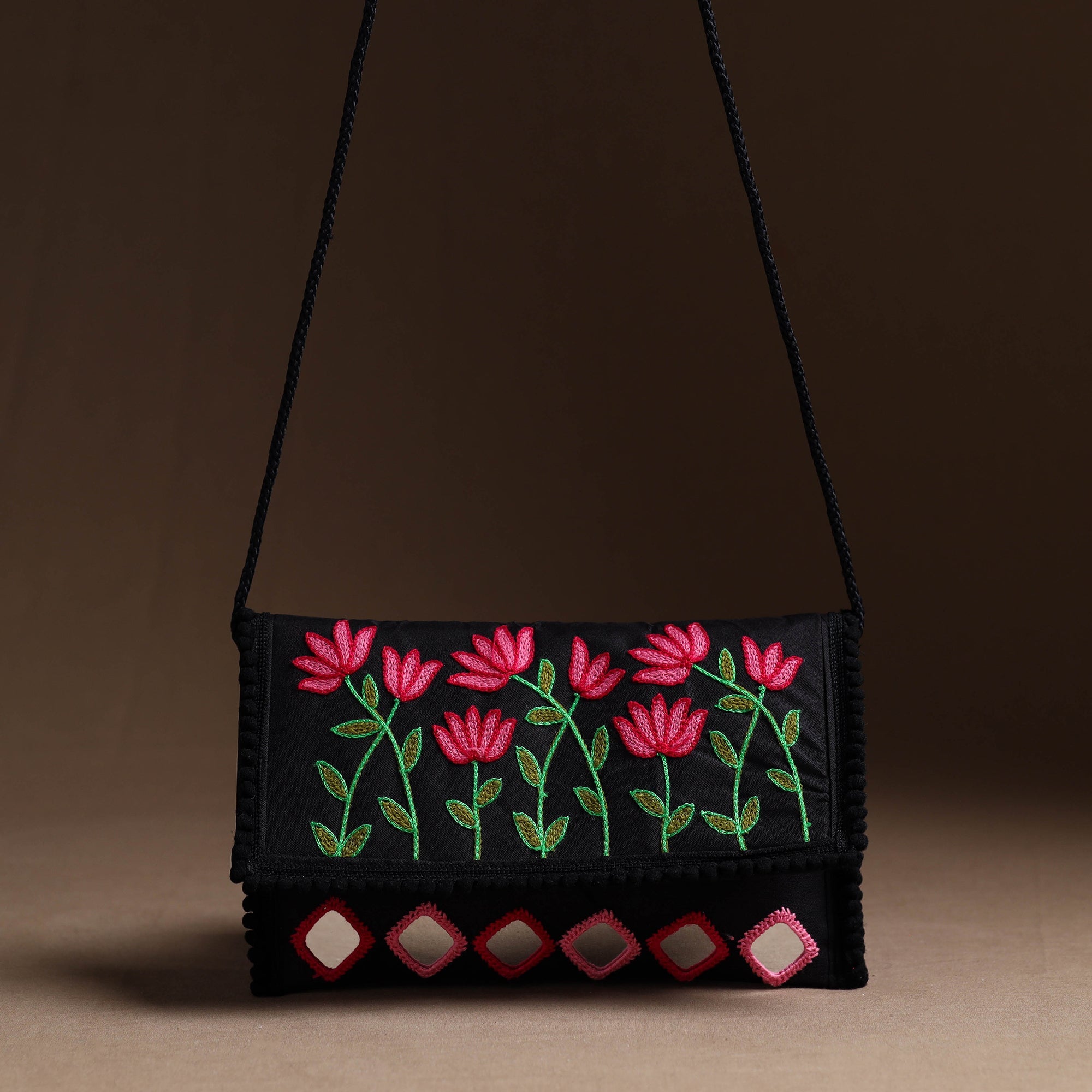 ITOKRI CRAFTS INITIATIVE Black - Aari Hand Embroidery Mirror Work Cotton Sling Bag 08 - view 2