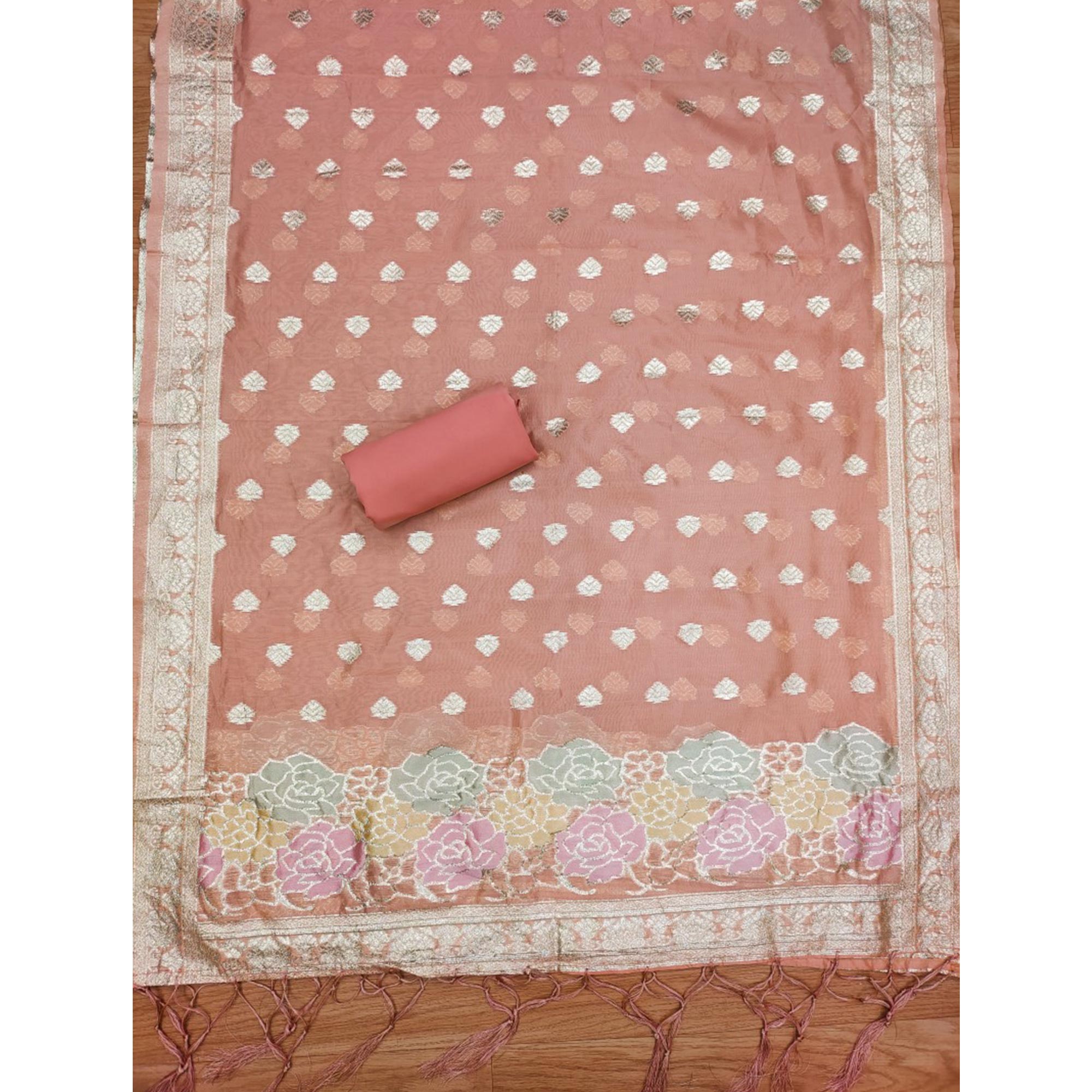Peachmode Peach Floral Woven Organza Dress Material - view 5