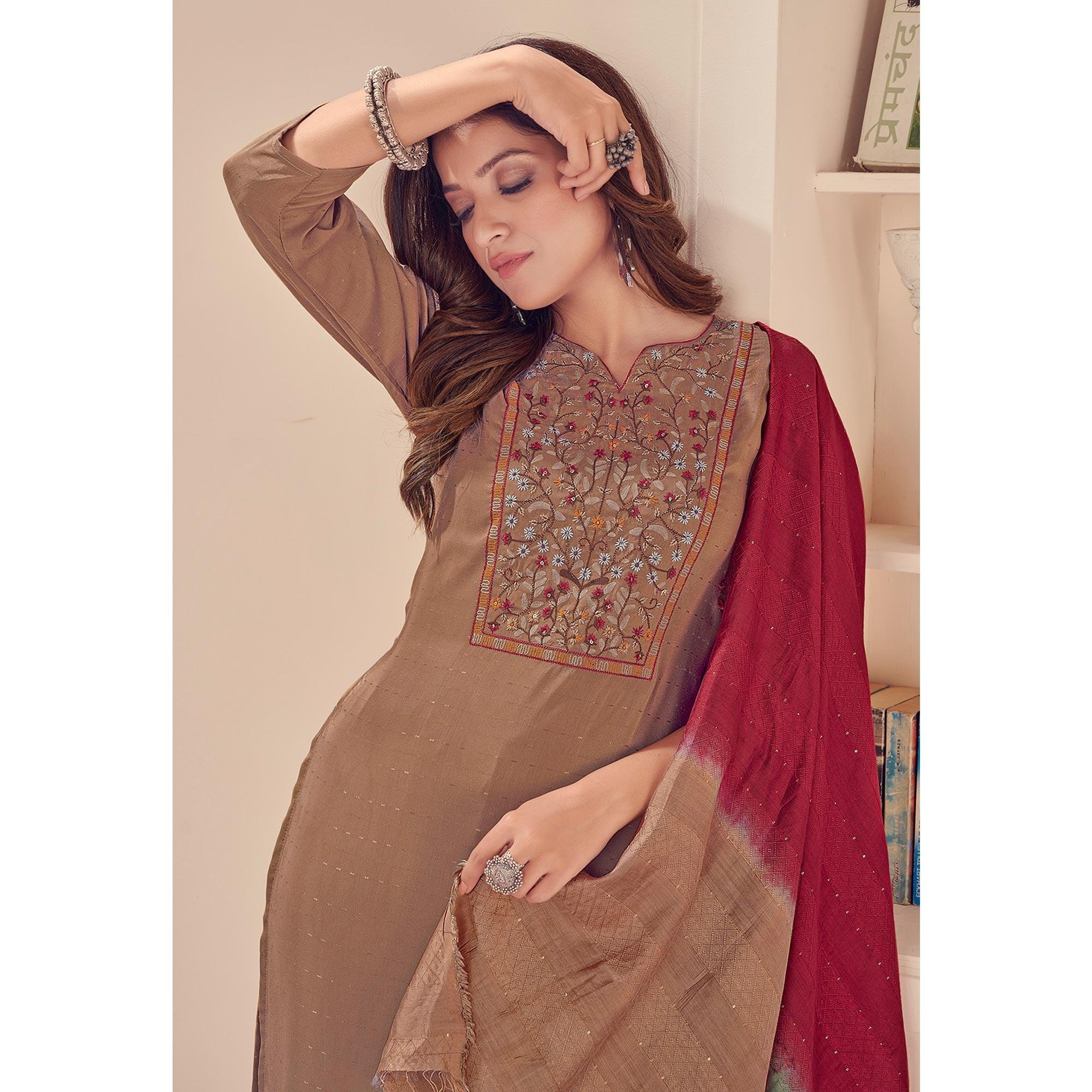 Peachmode Seller Brown Embroidered With Embellished Chiffon Kurti Pant Set With Dupatta - view 4