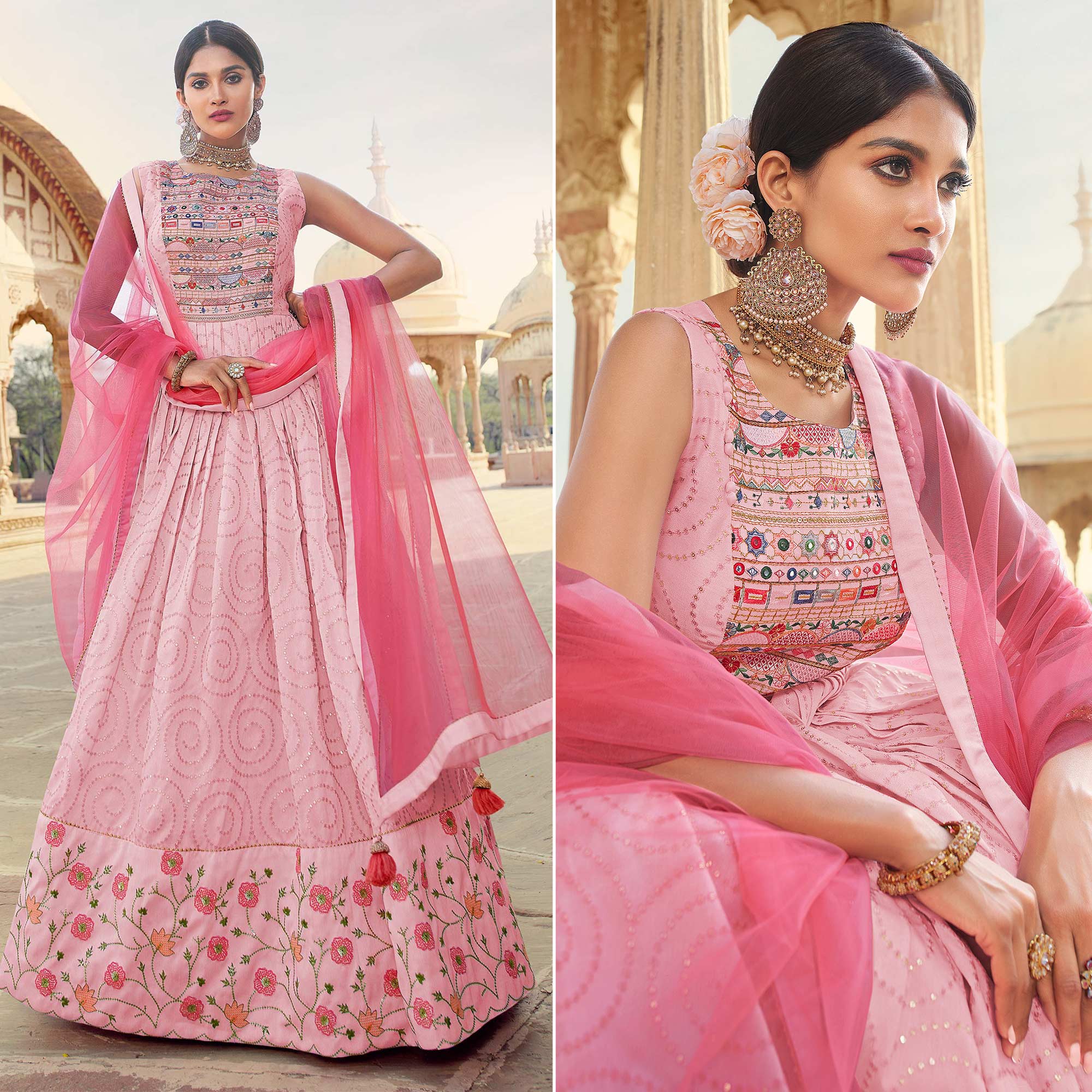 Peachmode Seller Light Pink Sequins Embroidered Raw Silk Gown