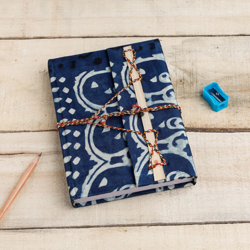 TARAGRAM Blue - Bagru Fabric Cover Handmade Paper Notebook with Thread Lock