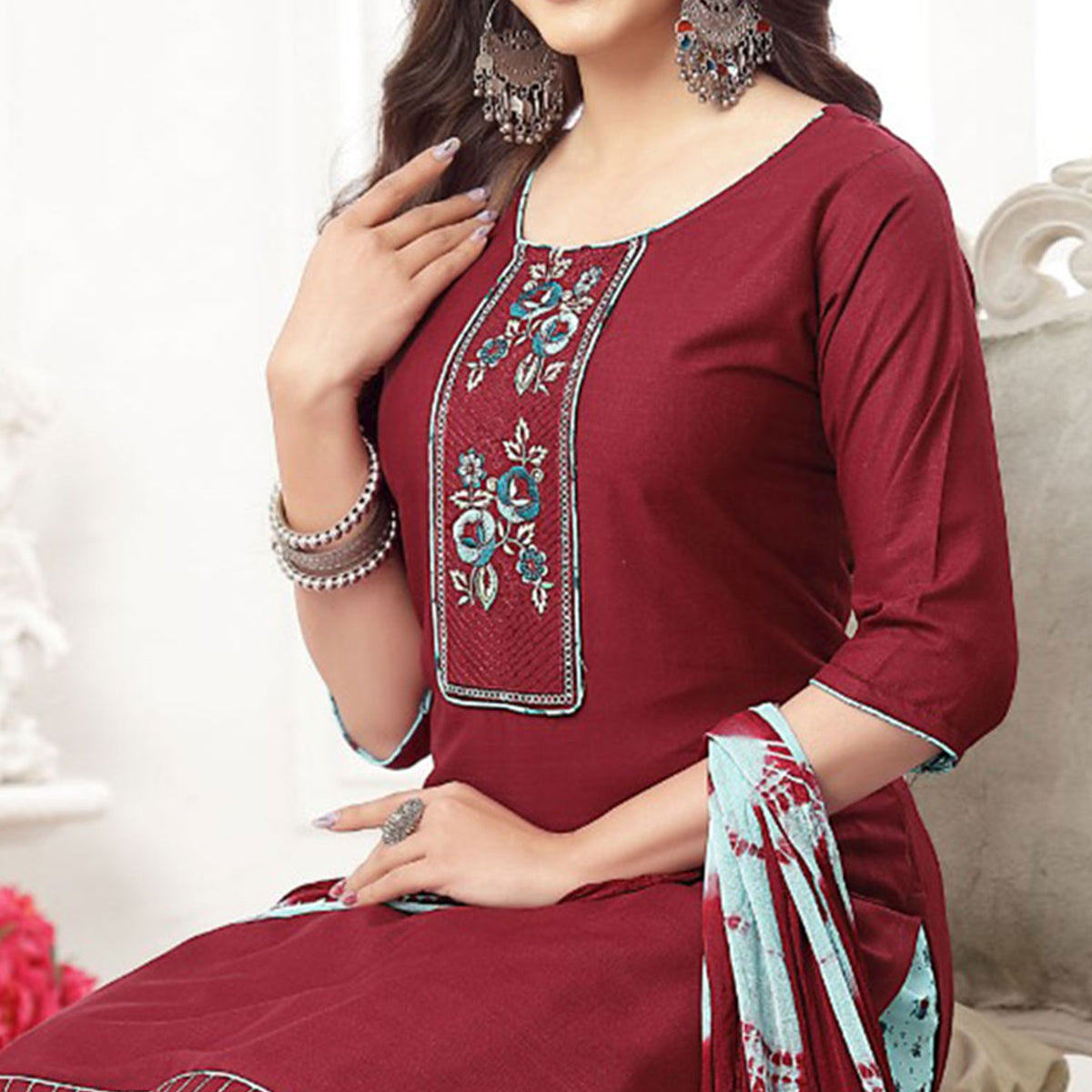 Peachmode Seller Maroon Embroidered Rayon Patiala Suit - view 3
