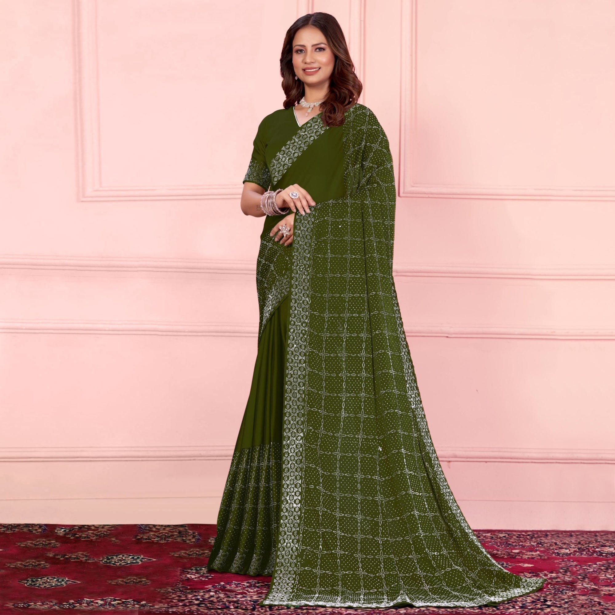 Peachmode Mehendi Green Swarovski Work Satin Saree - view 2