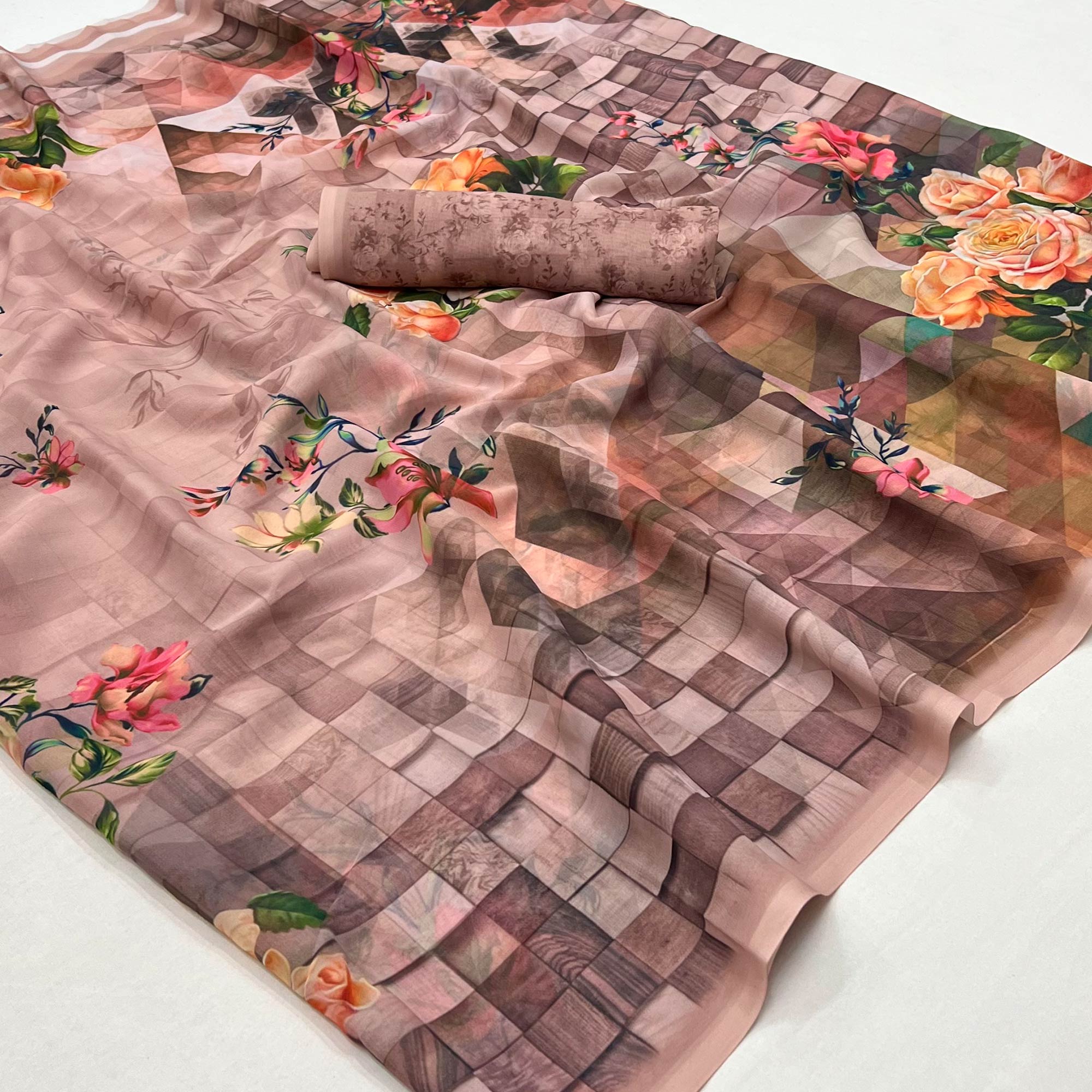 Peachmode Chikoo Digital Printed Georgette Saree - view 2