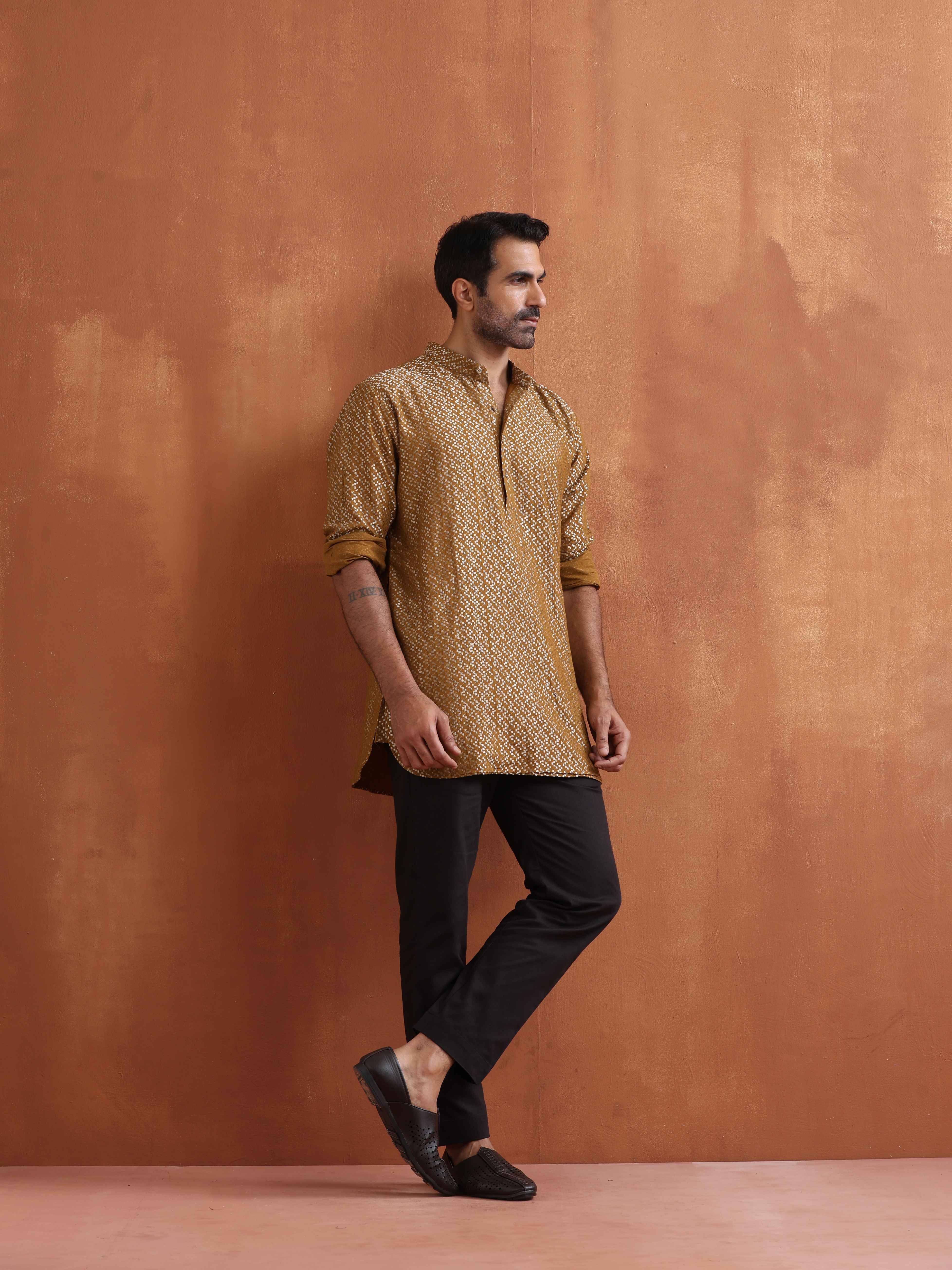 trueBrowns Men's Mustard Cotton Dobby Short Kurta - view 7
