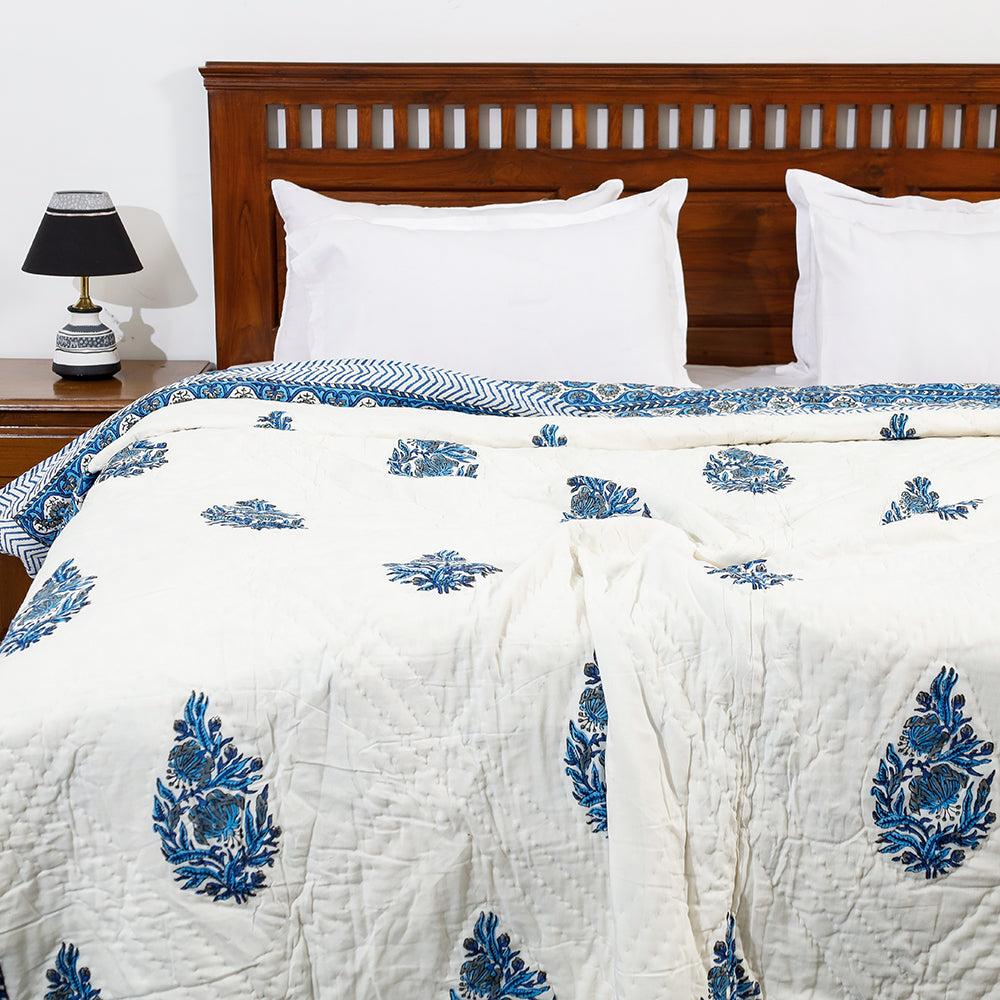 ARTISAN HAND BLOCK PRINTS Blue - Double - Sanganeri Printed Reversible Soft Cotton Quilt / Blanket (104 x 88 in) - view 2
