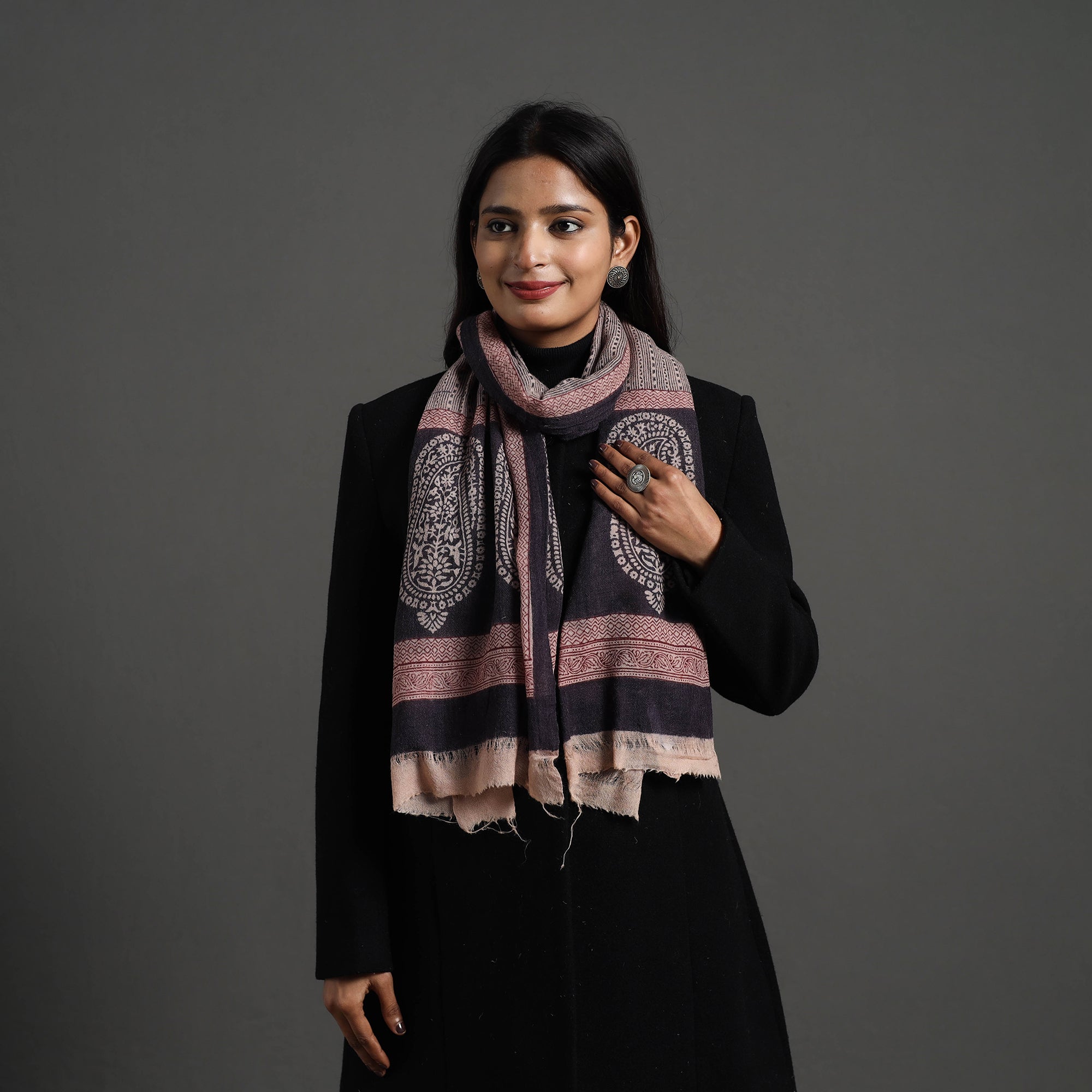 BAGH PRINTS BY UMAR FARUK KHATRI Black - Bagh Hand Block Printed Woollen Stole 20