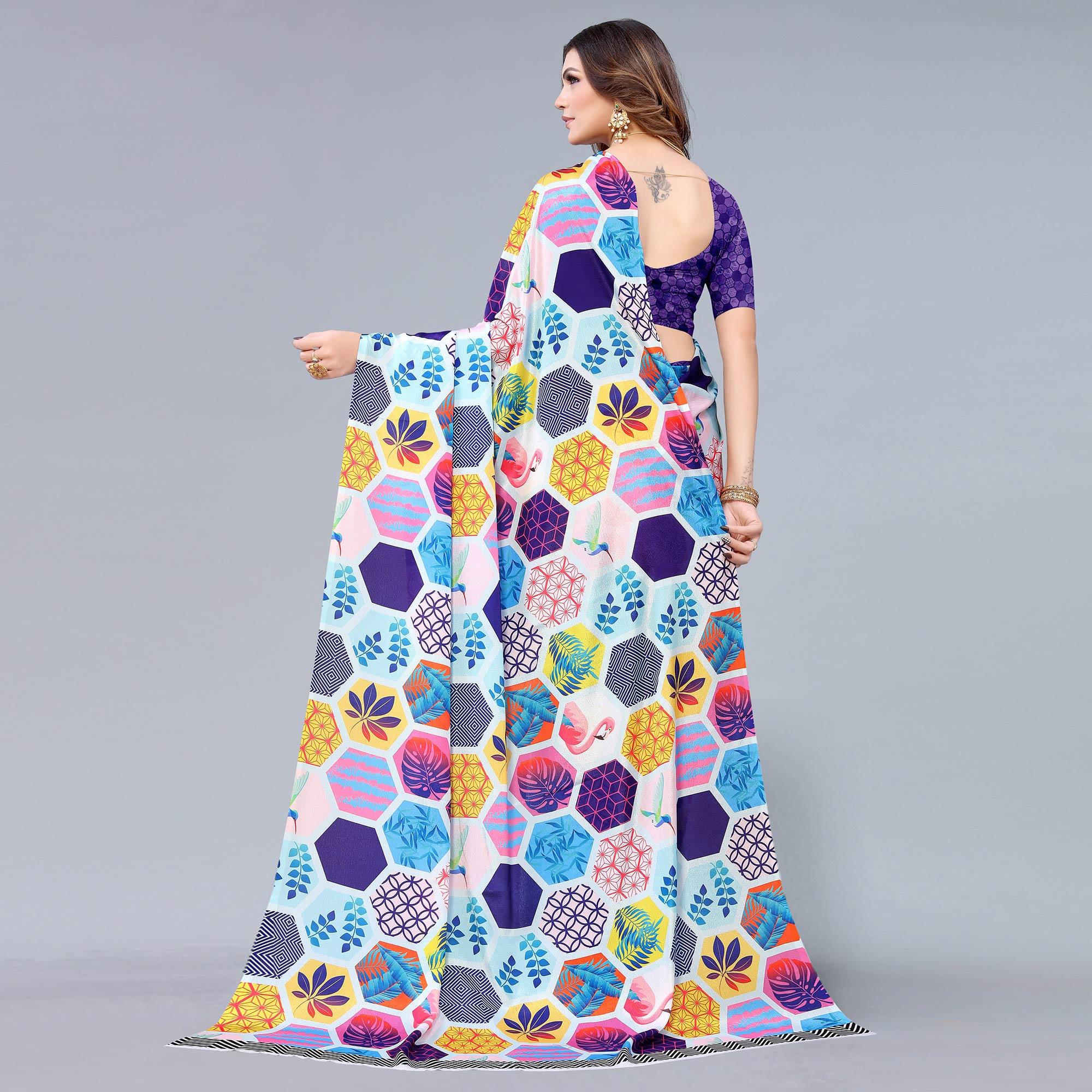Peachmode Light Blue Floral Printed Chiffon Half and Half Saree - view 6