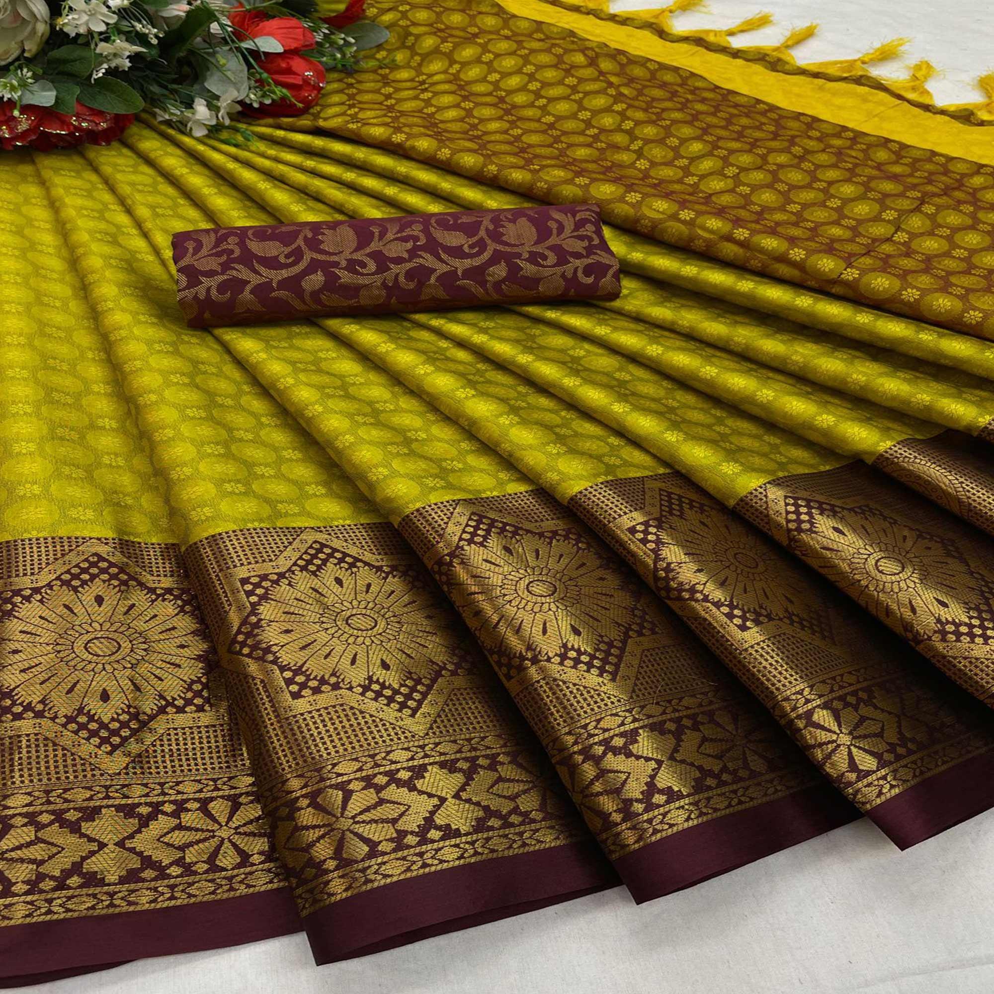 Peachmode Lemon Green Festive Wear Woven Cotton Silk Saree
