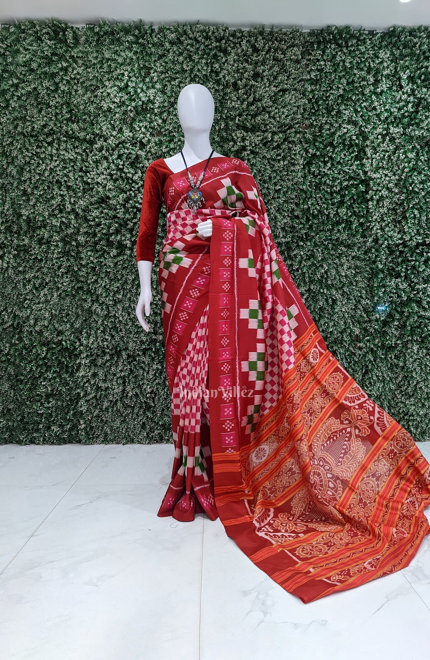IndianVillèz Red Rani Pasapali Theme Odisha Ikat Contemporary Silk Saree