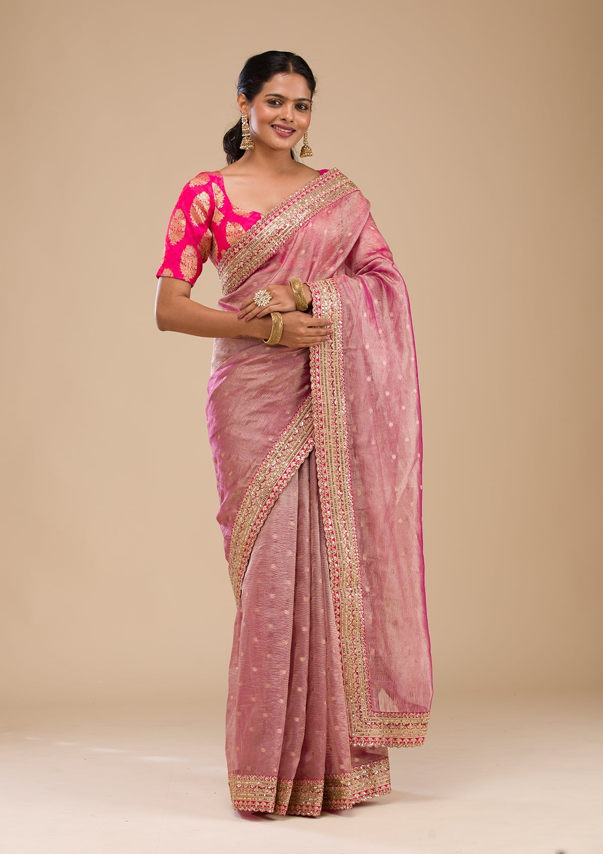 Koskii Wine Zariwork Tissue Saree – Women's