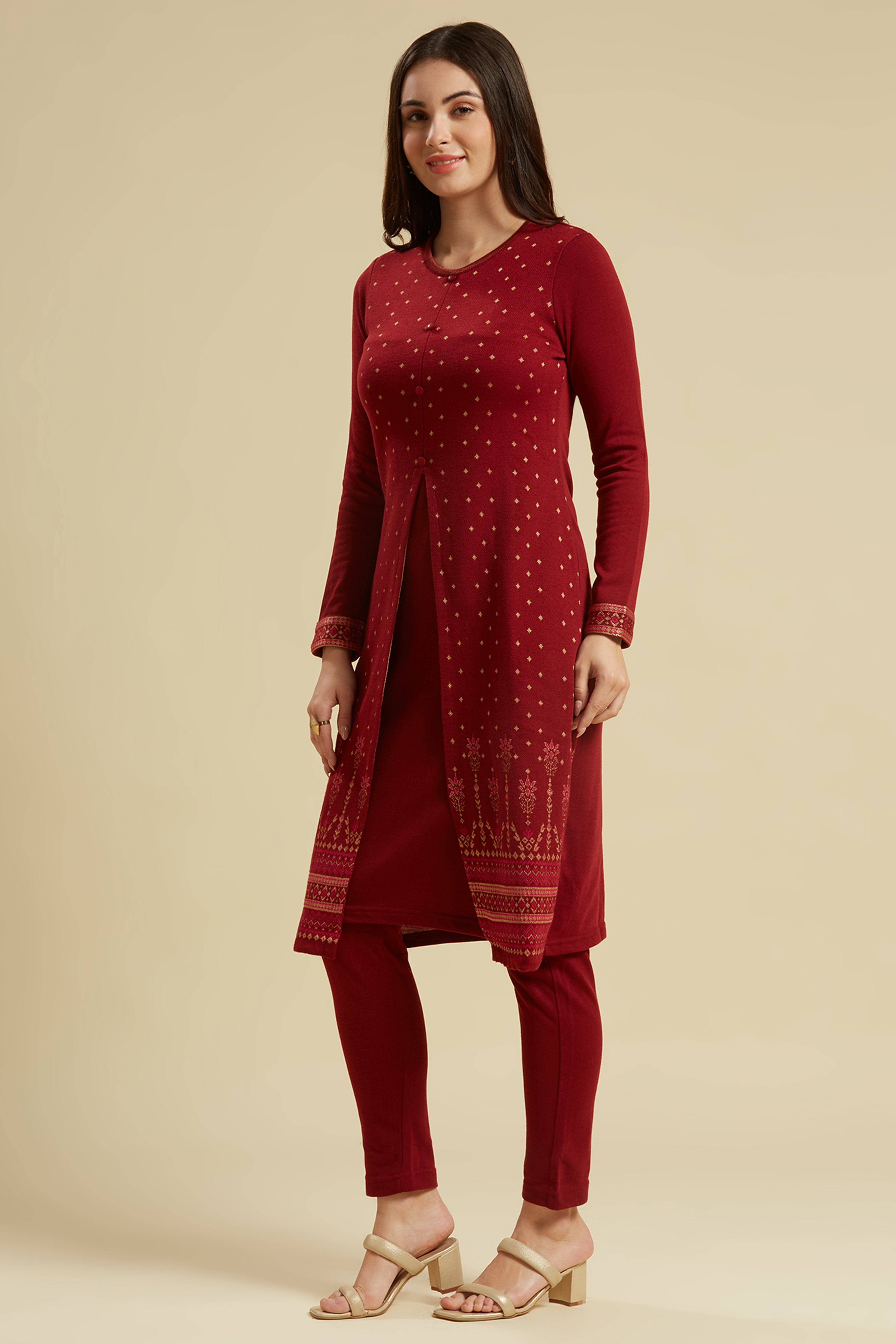 Peachmode Maroon Floral Woolen Top Bottom Set - view 4