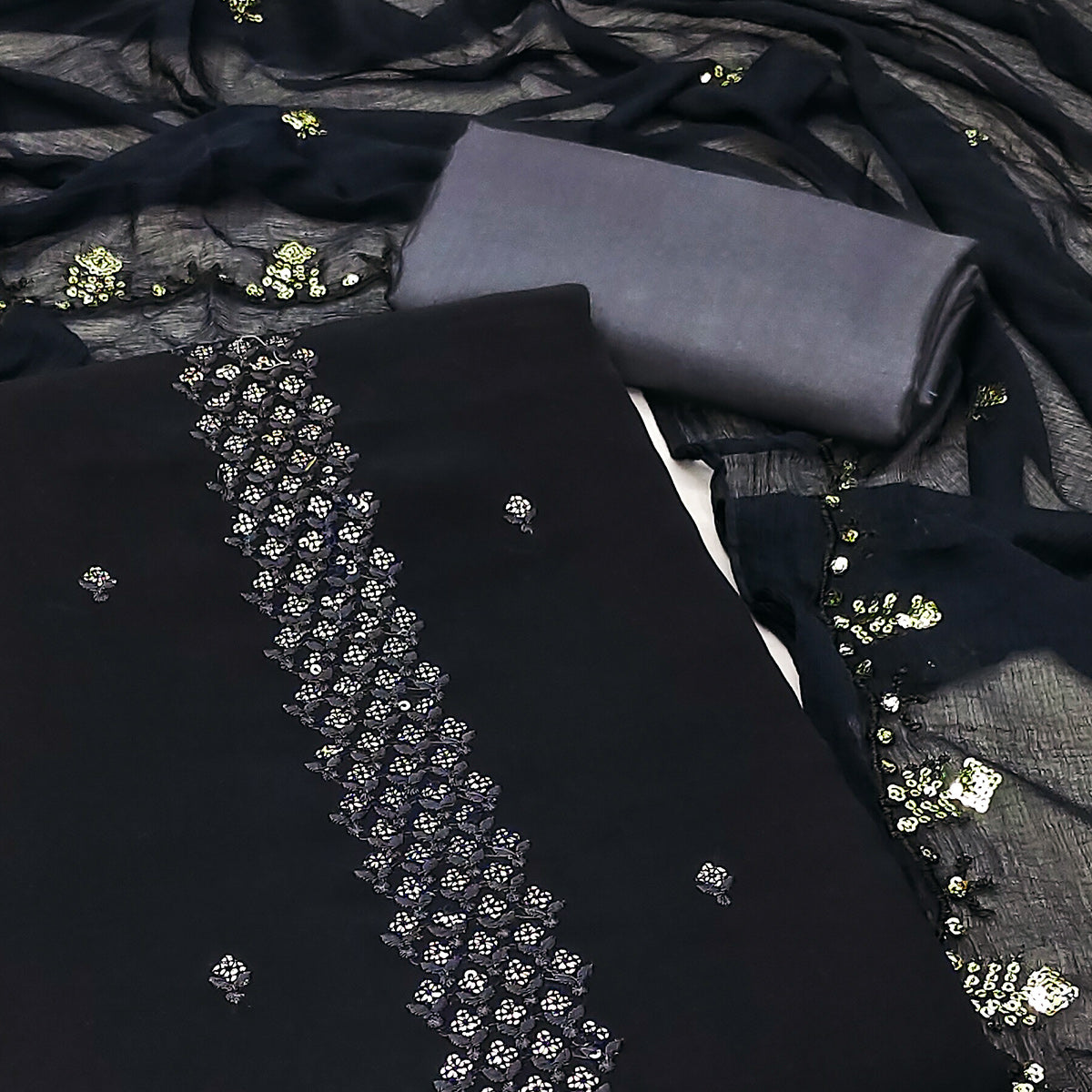 Peachmode Black Floral Sequins Embroidered Georgette Dress Material - view 2