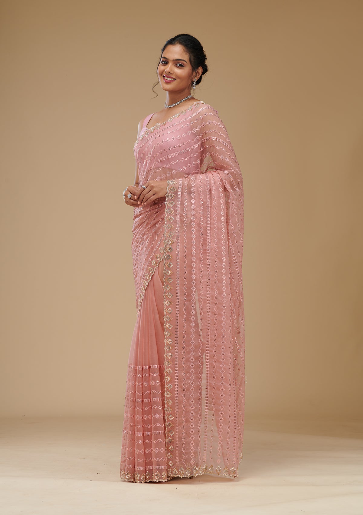 Koskii Peach Cutdana Chiffon Saree – Women's - view 4