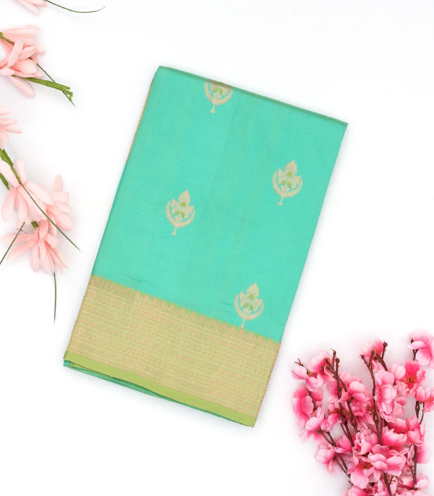RmKV Turquoise Handloom Banarasi Silk Saree With Floral Buttas