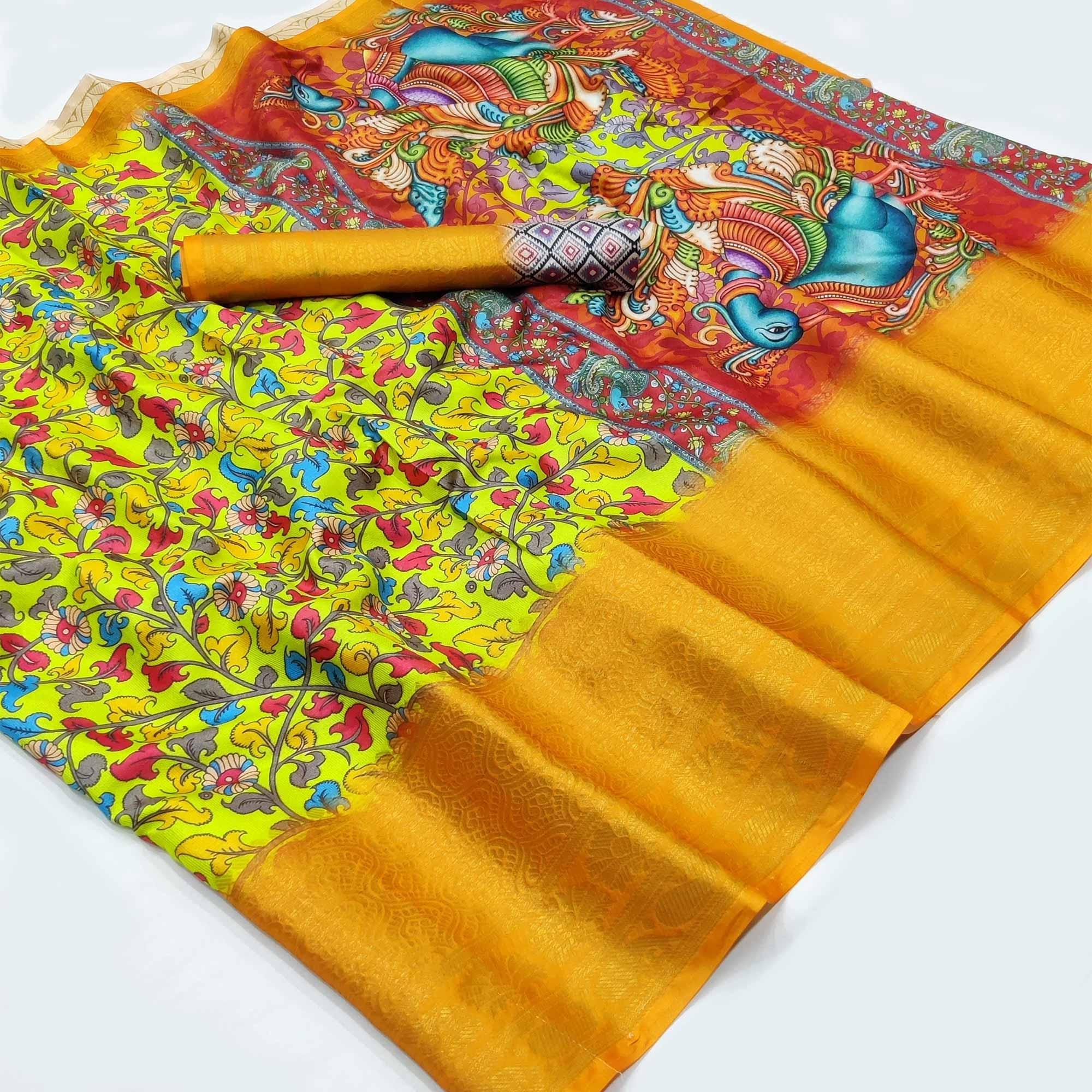 Peachmode Lemon Green Digital Printed Khaadi Saree