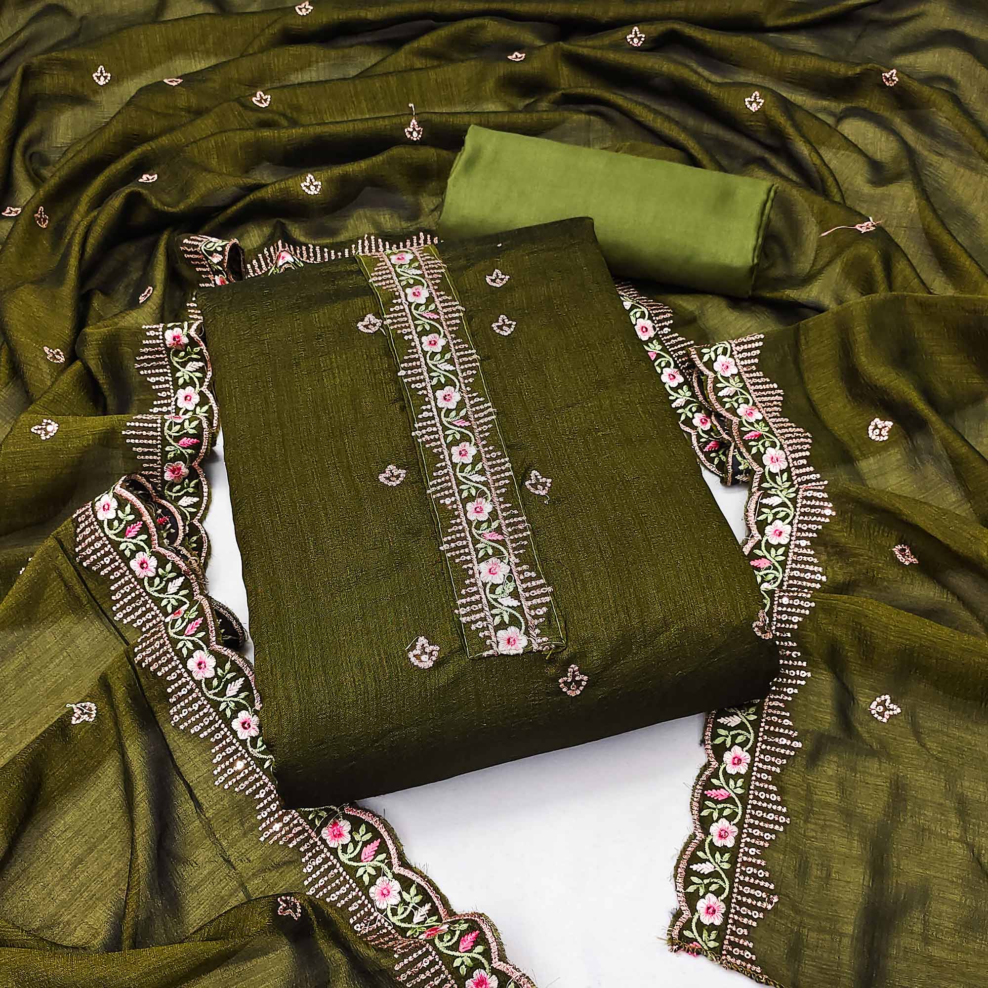 Peachmode Mehendi Green Floral Embroidered Vichitra Silk Dress Material