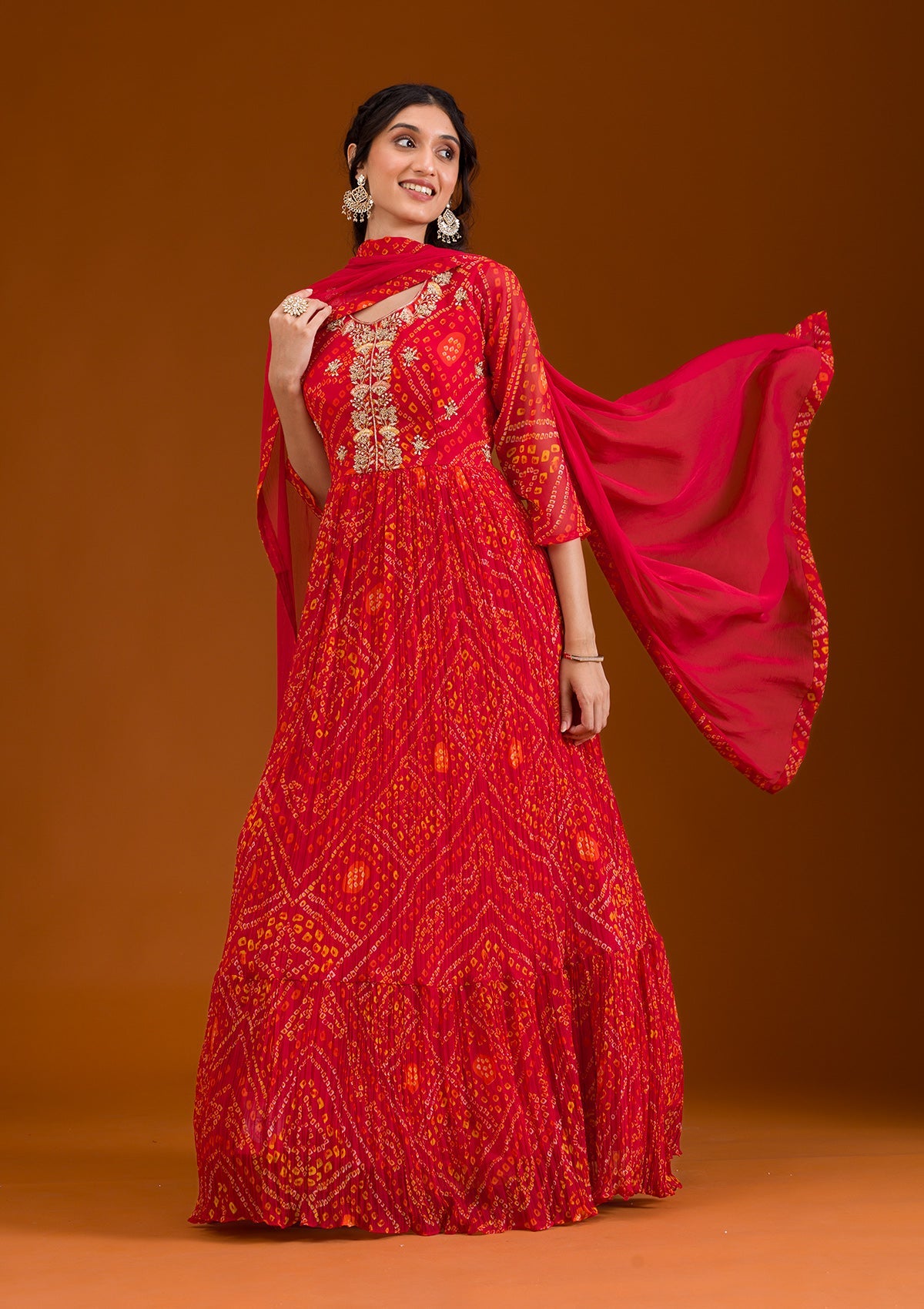 Koskii Red Printed Georgette Readymade Salwar Suit
