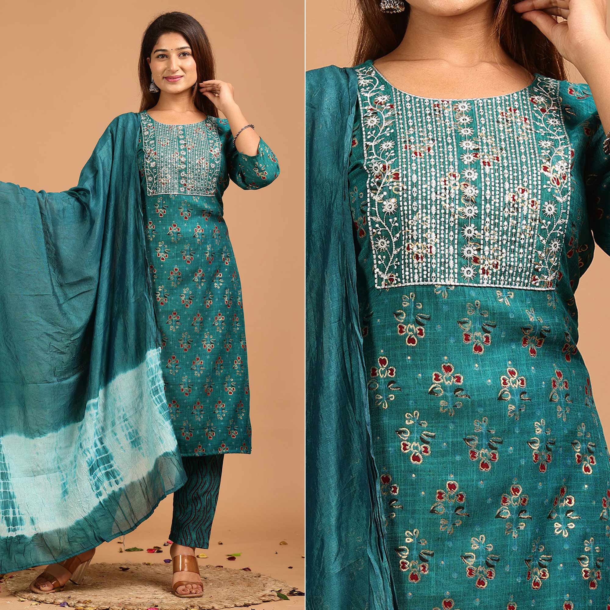 Peachmode Seller Morpich Printed With Embroidered Rayon Salwar Suit