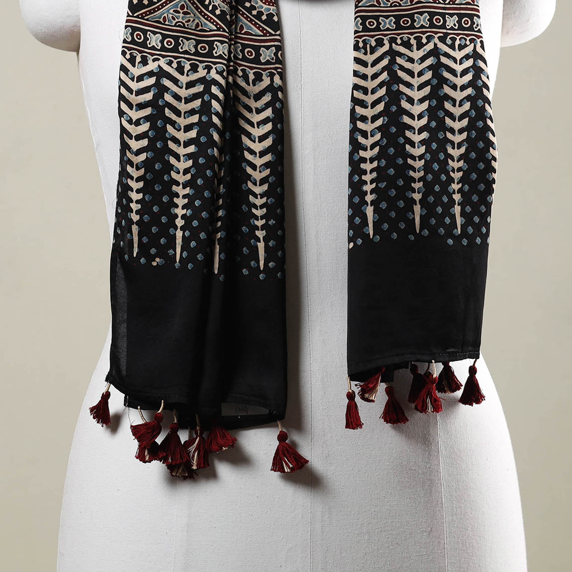 RIYAZ ABDULMAJID KHATRI - AJRAKH Black - Ajrakh Hand Block Printed Modal Silk Stole with Tassels - view 3