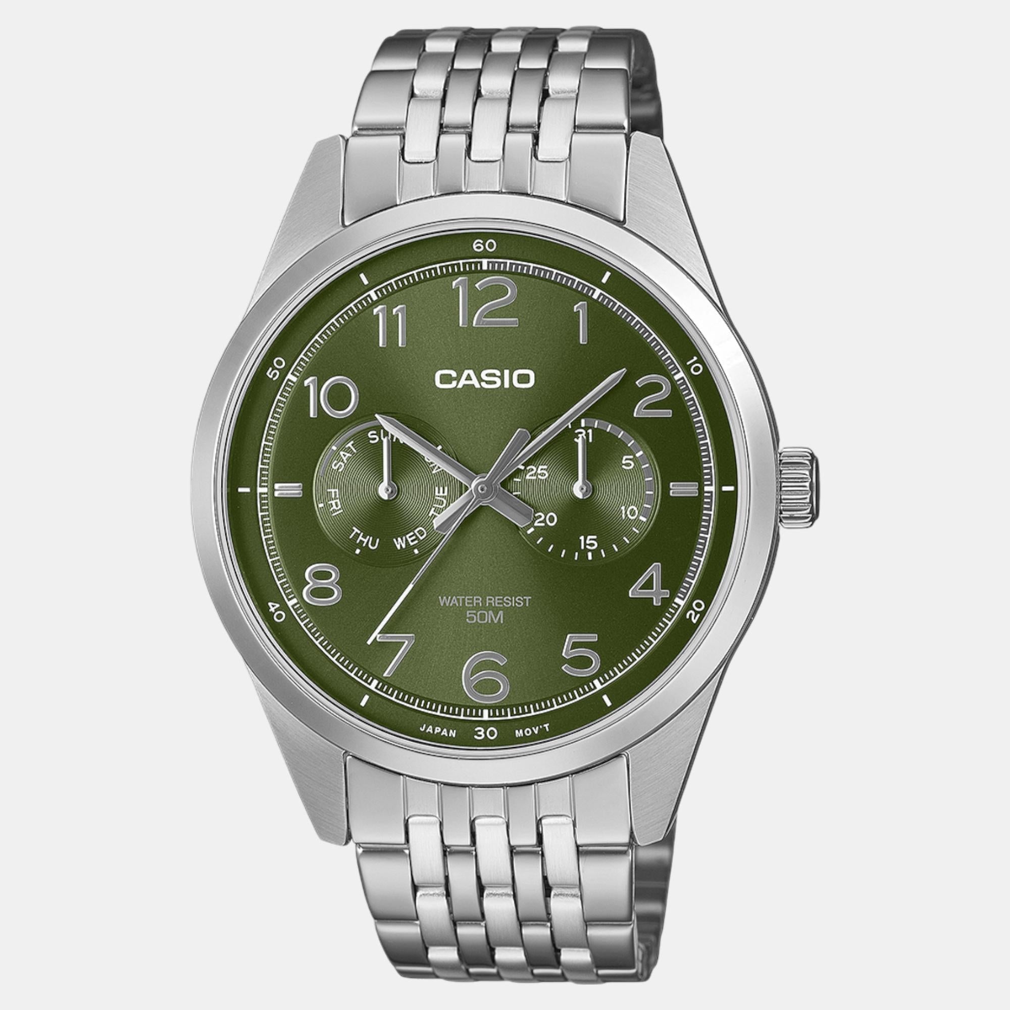 Casio Enticer Men Quartz Green Dial Multi-Function Stainless Steel Watch A2332