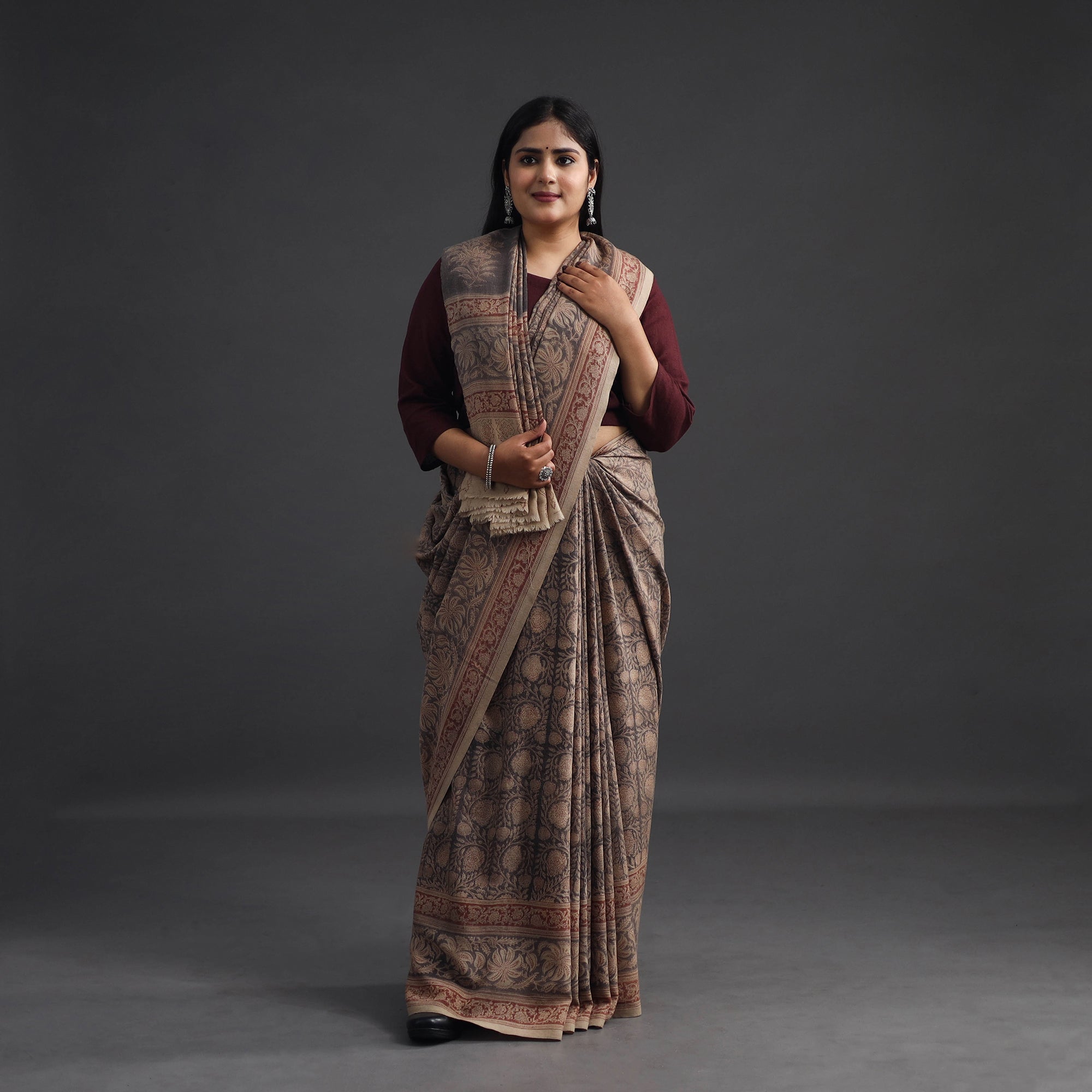 PITCHUKA SRINIVAS KALAMKARI PEDANA Brown - Pedana Block Print Merino Wool Kalamkari Saree 02 - view 2